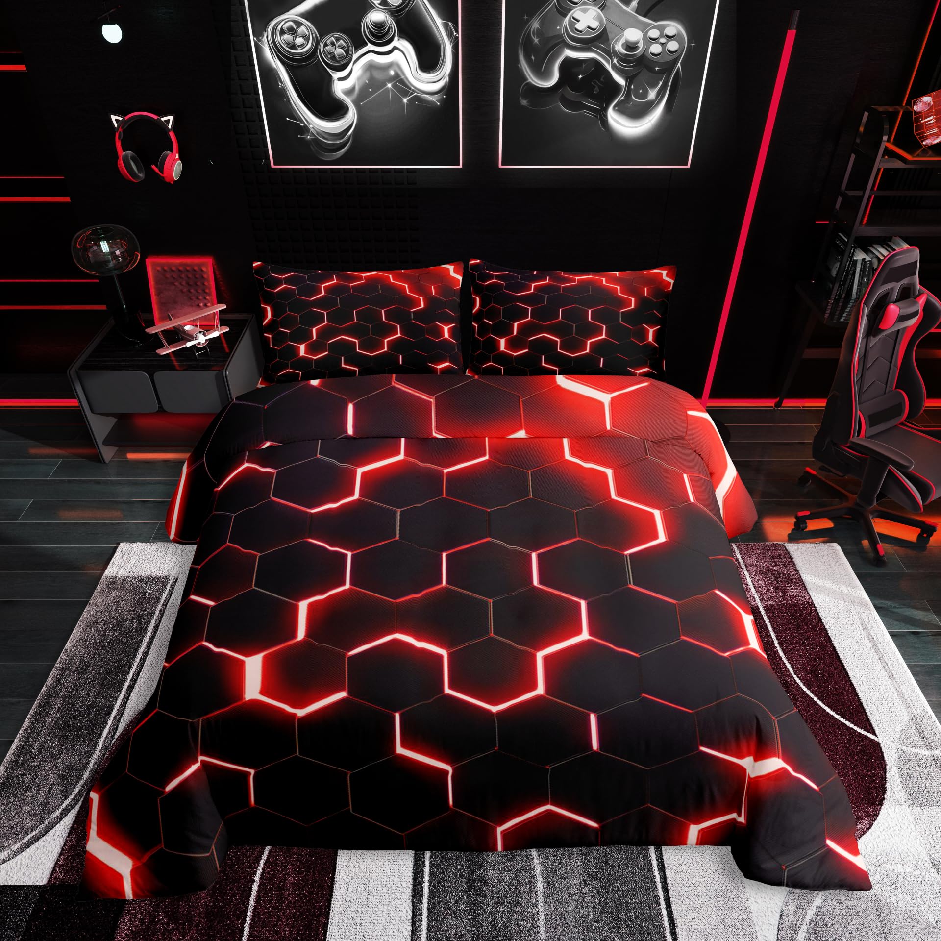 Honeycomb Bettwäsche Set 155x220,Rot Schwarz Geometrische Bettbezug Neon Glitter Hexagon Geometrie Tröstenbezug für Kinder Jungen Teen Männer Weiche Leichte Quilt Cover Schlafzimmer Schlafsaal Dekor