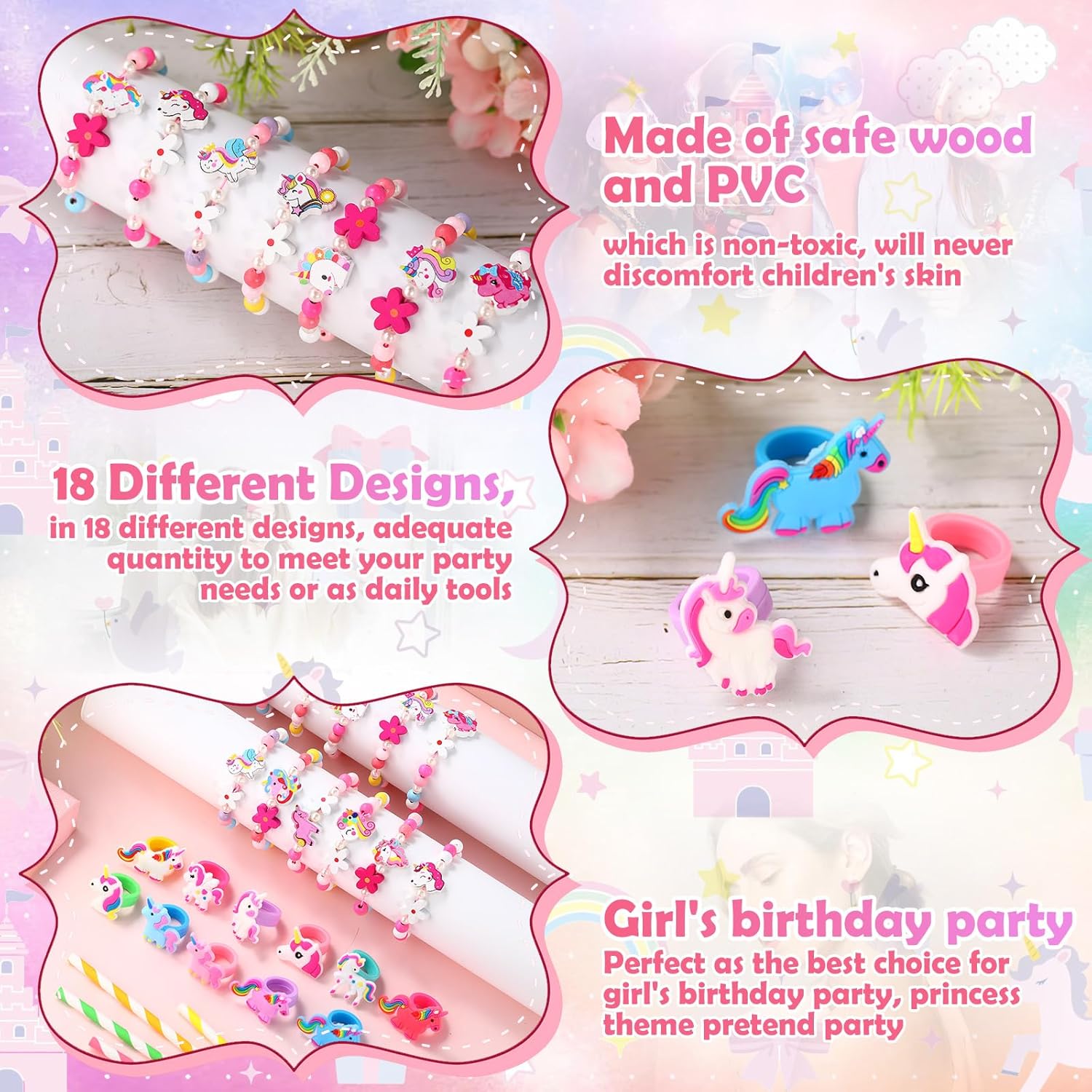 Tondiamo 48 Pcs Kids Jewelry for Little Girl, Unicorn Ring Bracelets Wooden Beaded Bracelets and Colorful Silicone Toy Rings Princess Pretend Play Unicorn Birthday Gifts for Girls 4-6