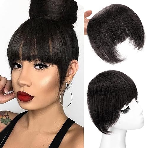 Yaki - Extensiones de cabello lacio con pinzas para el cabello, color negro natural, flequillo ordenado, extensiones de cabello con sienes, hechas a
