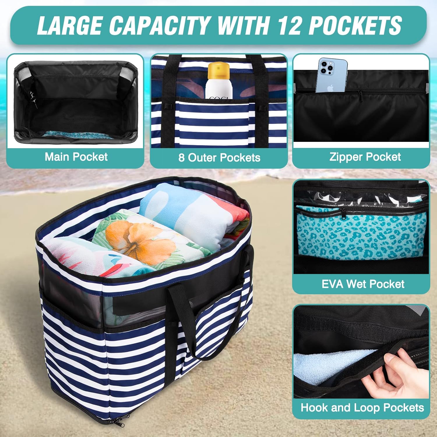 Large Beach Bag with Zipper, 12 Pockets Waterproof Sandproof Pool Bag Womens Mesh Beach Tote Bag for Travel Vacation - Image 4