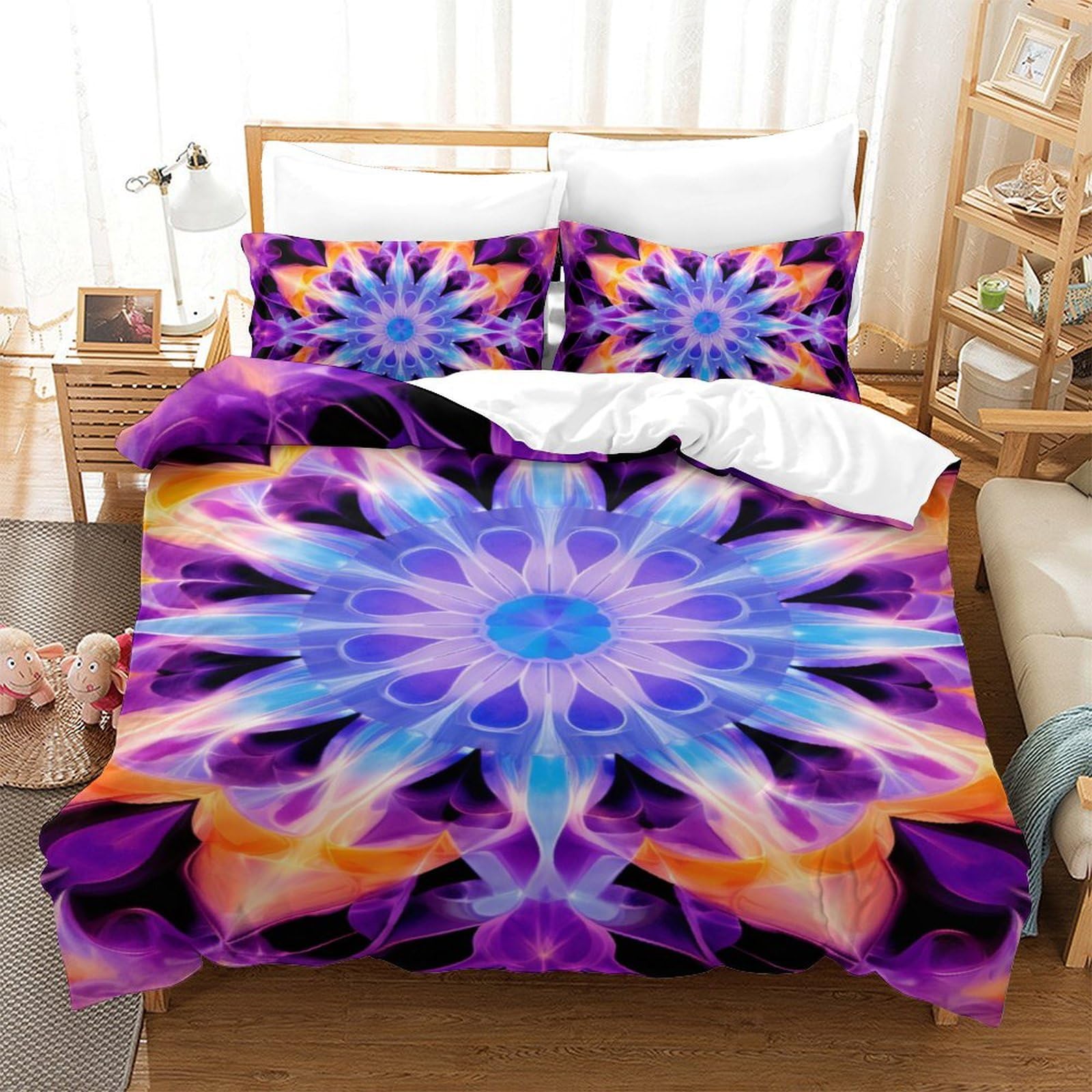 Housse de couette fleurs 140x200 parure de lit 3 pièces imprimée en microfibre