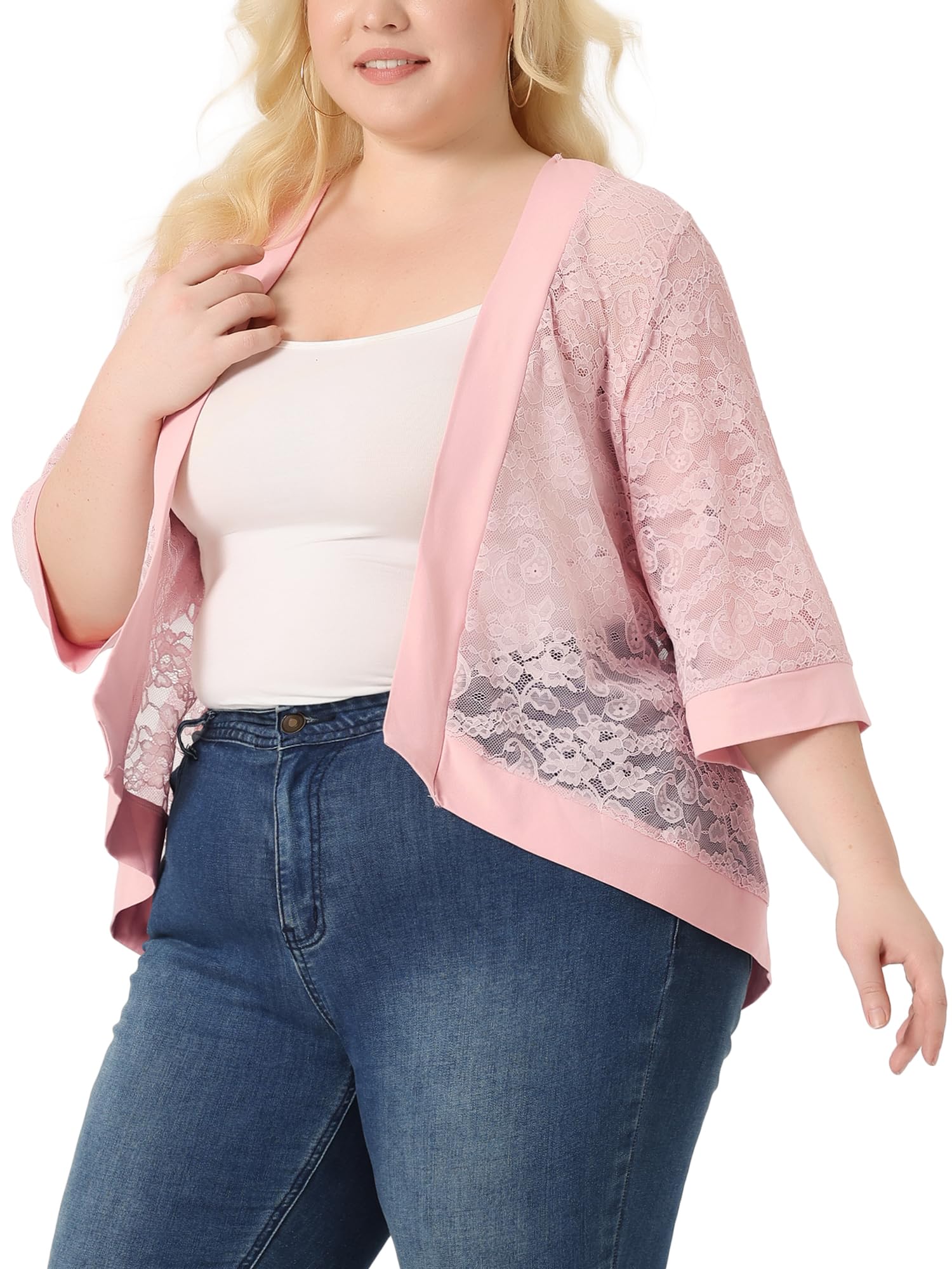 Agnes Orinda Plus Size Women's Casual Lace Crochet Cardigan 3/4 Sleeve Sheer Lightweight Cover Up