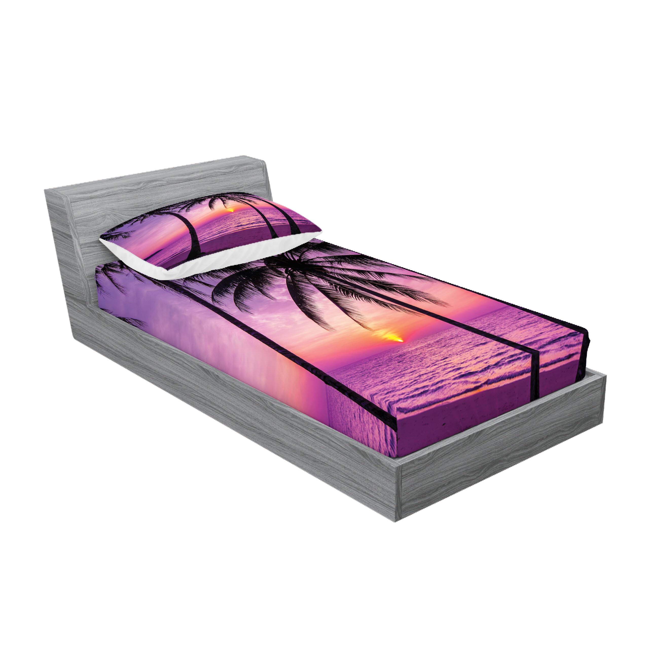 Ambesonne Ocean Fitted Sheet & Pillow Sham Set, Palm Trees Silhouette at Sunset Dreamy Dusk Warm Exotic Twilight Scenery Image, Decorative Printed 2 Piece Bedding Decor Set, Twin, Purple Black