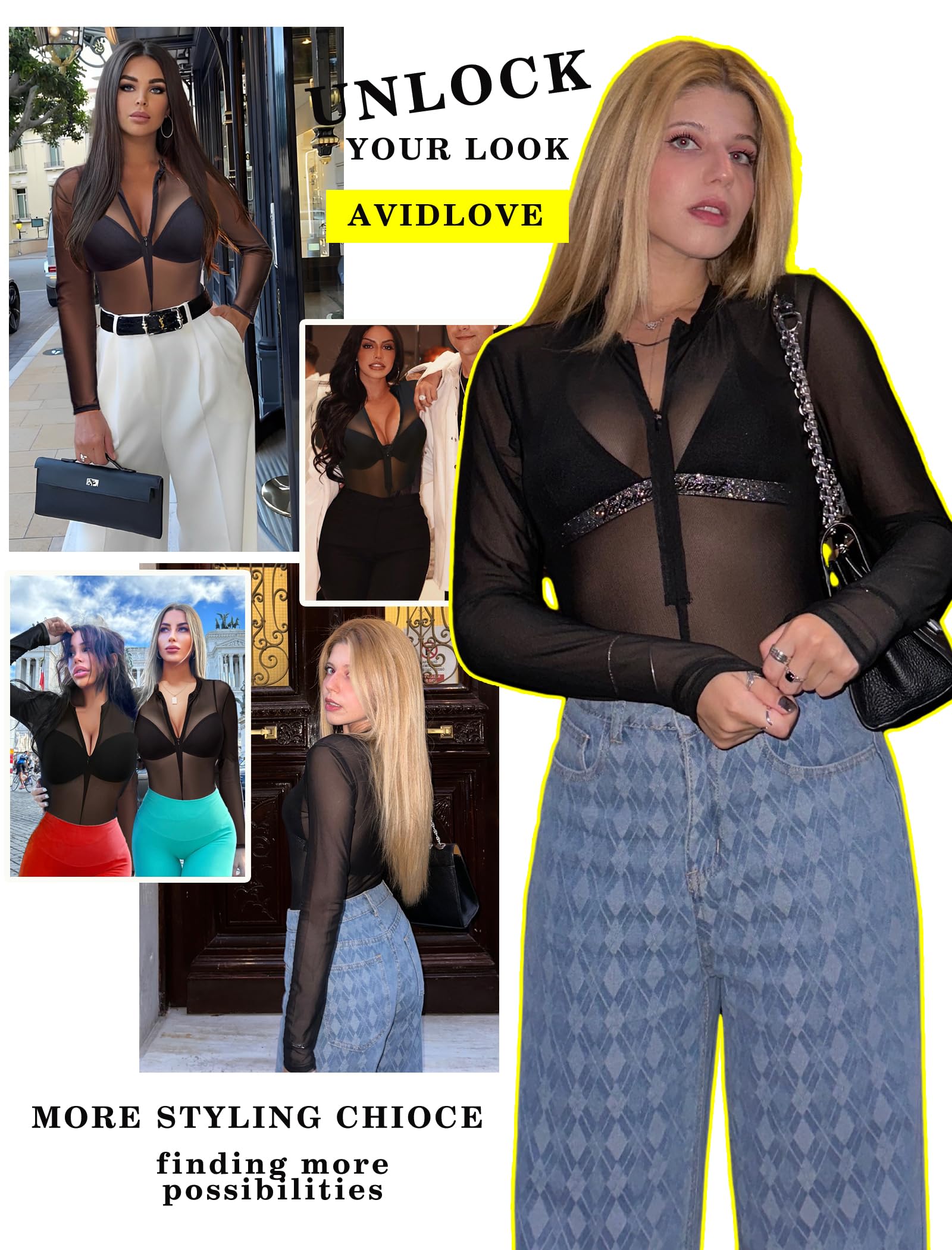 Avidlove Women's Mesh Bodysuit - Long Sleeve Snap Crotch See Through Zipper Sheer Leotard: Black Small