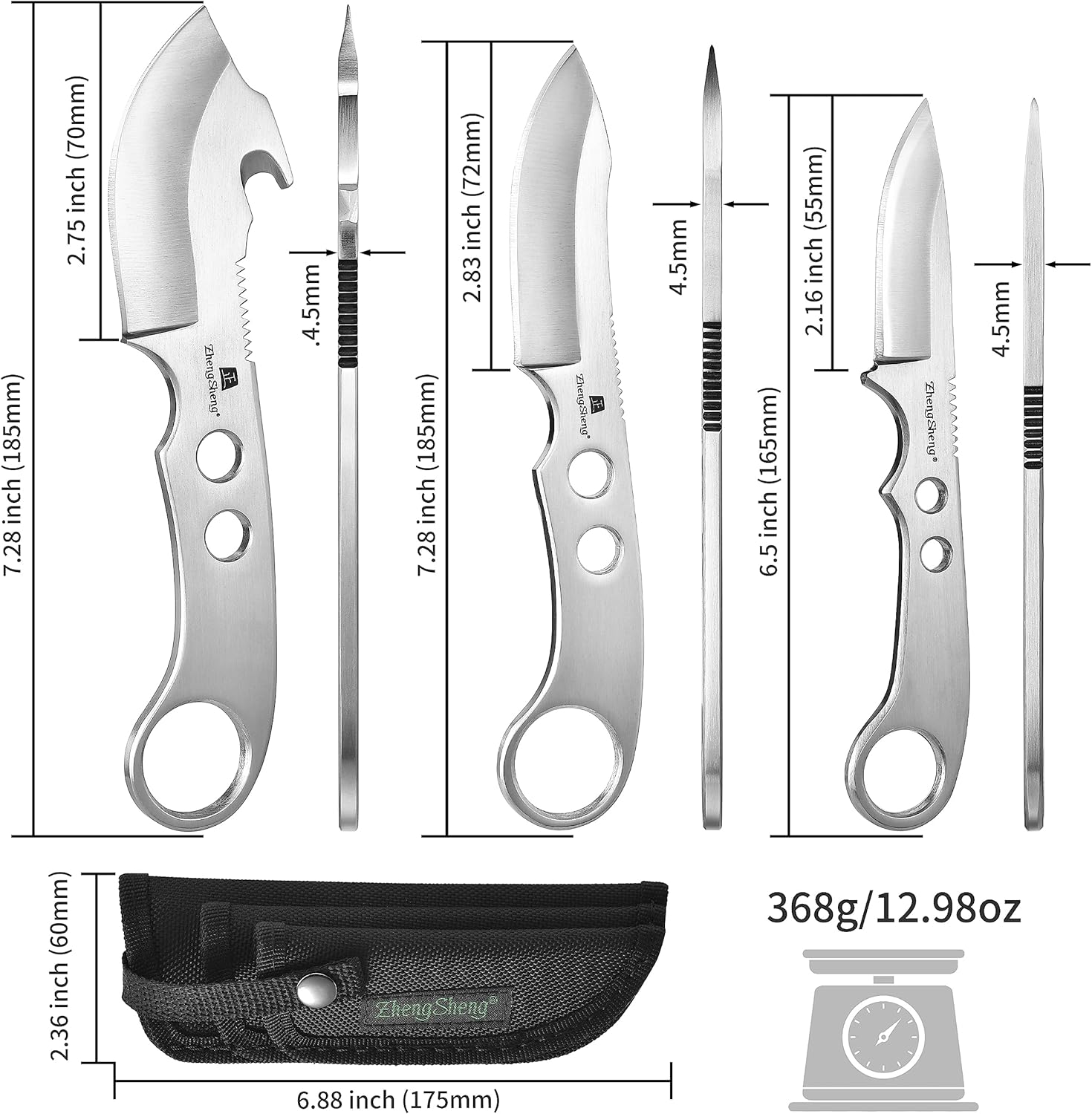 ZhengSheng 3 Piece Hunting Knife set, Survival Knives Bowie knife and Gut Hook Knife with Nylon Sheath for Hiking, Outdoor Camping Activities
