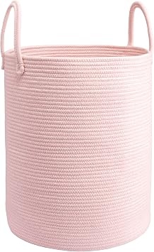 Woven Cotton Rope Laundry basket-15X20 Laundry Hamper-Rope Storage Basket for Dirty Clothes, Toys and Blankets Perfect for Bathroom, Baby nursery and Living Room Storage pink
