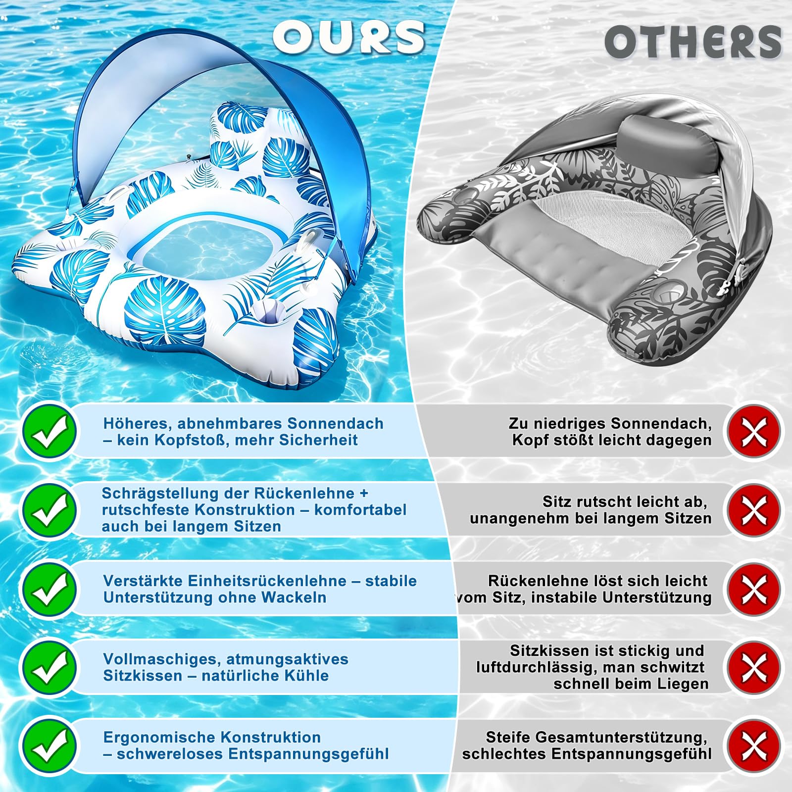 Colchón hinchable para adultos, sillón de piscina Tanning con toldo ajustable, soporte para bebidas y reposabrazos, sillón flotante para fiestas de verano y playa