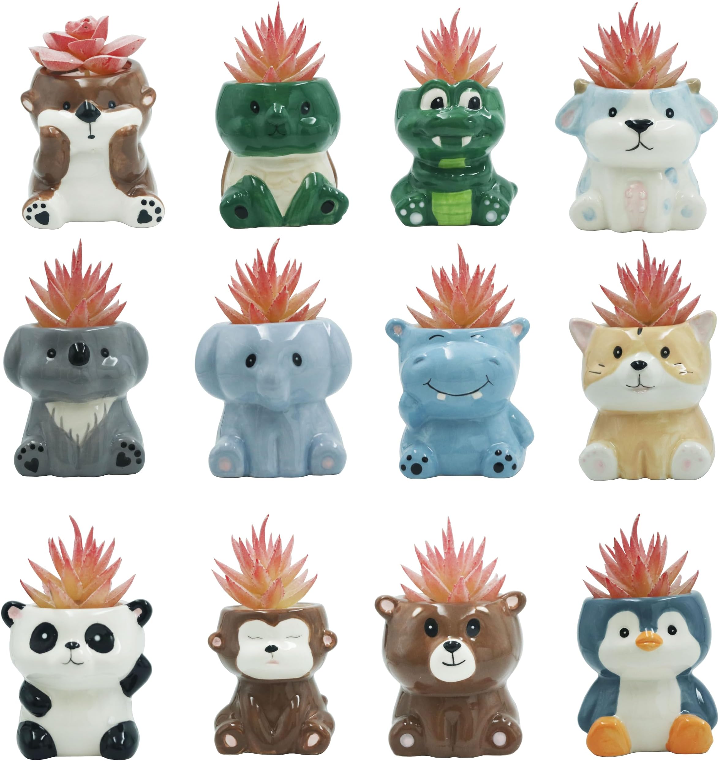 12 Pcs Cute Cartoon Panda Koala Turtle Penguin Crocodile Bear Cat Monkey Hippo Elephant Groundhog Cow Shaped Succulent Cactus Plant Pots Home Garden Office Desktop Decoration (About 2.8 Inches)