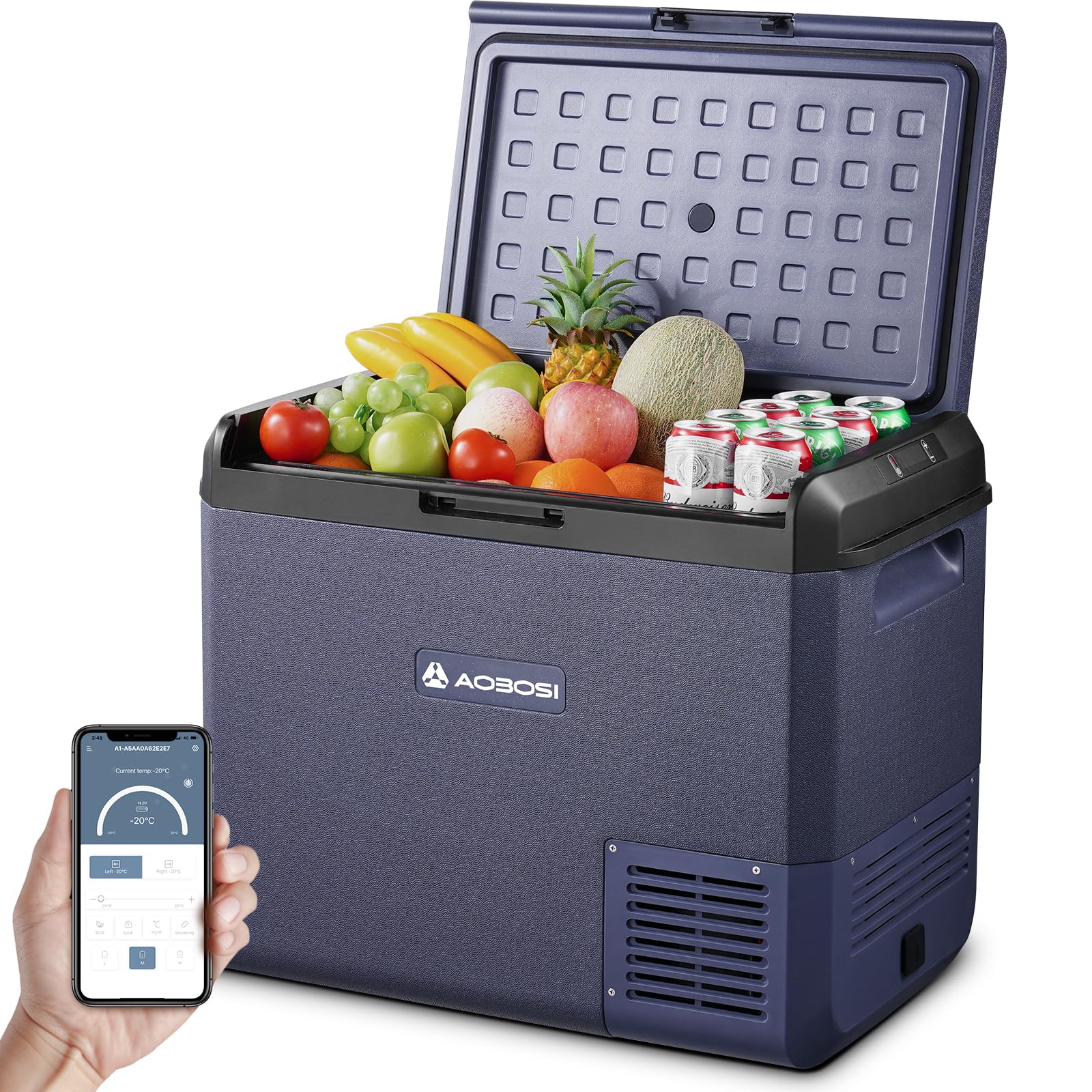 AAOBOSI Kompressor Kühlbox, 60L Auto Kühlbox 12V 230V, IPX4 Wasserdicht Kühlbox Elektrisch -20°C bis 20°C für Auto, LKW, Boot, Reisemobil, Camping, Fischen, Reisen, Garten