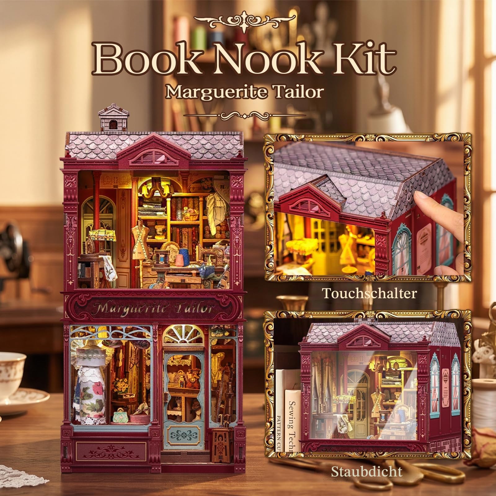 CUTEBEE Book Nook Kit - DIY Miniatur Haus Modellbau Set (Marguerite Tailor) | 3D Puzzle aus Holz, Dekorative Buchstütze für Bücherregal mit LED-Licht & Staubschutz