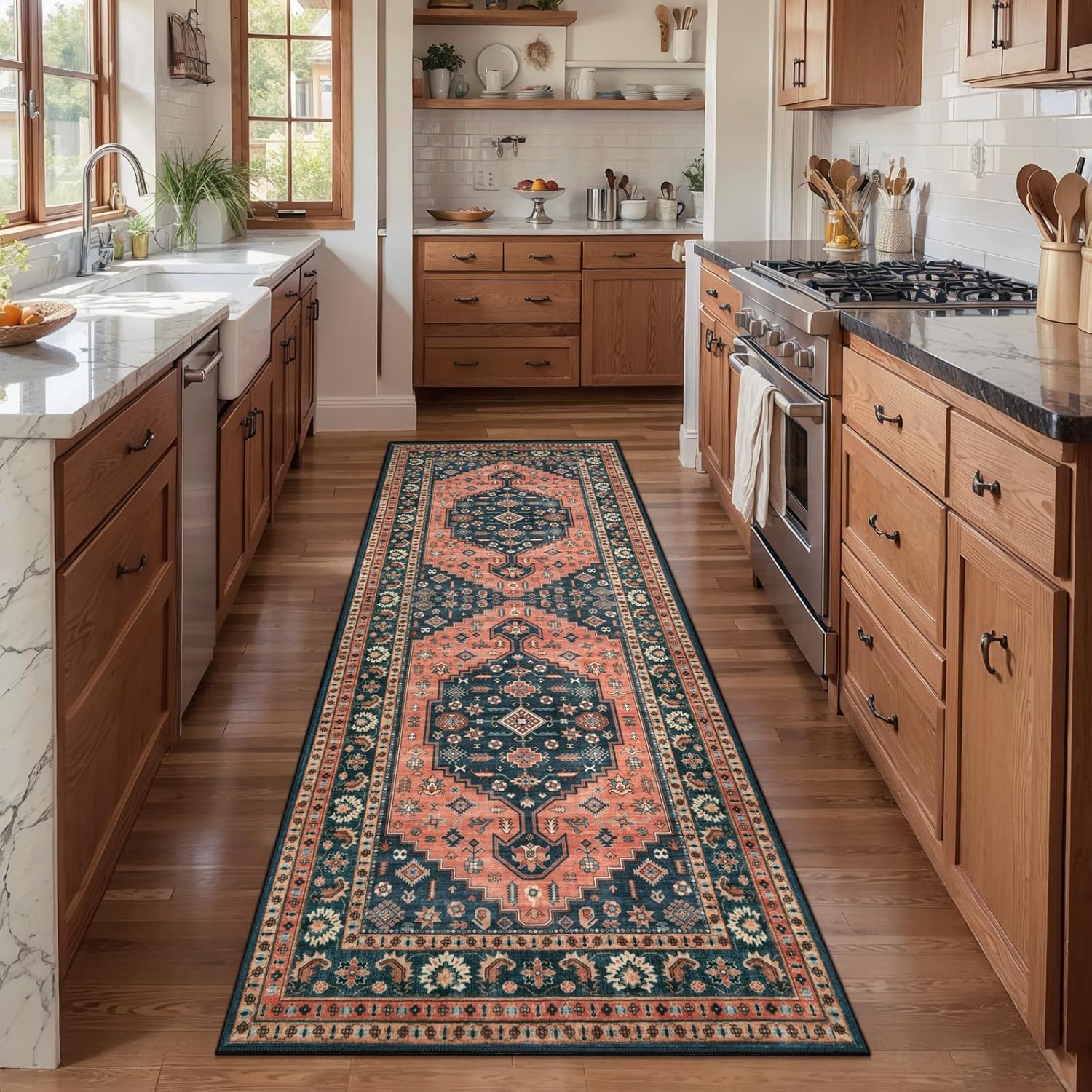 Tangsoo Vintage 2x6 Washable Runner Rug for Hallways,Non-Slip Kitchen Rug Runner,Boho Oriental Low Pile Soft Long Carpet for Entryway Laundry Bedroom Bathroom Beside Red Blue