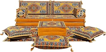arabicsofa Traditional Arabic Floor Sofa Set Modular Majlis Floor Cushion with Backrests, Handmade Oriental Cushion Seating