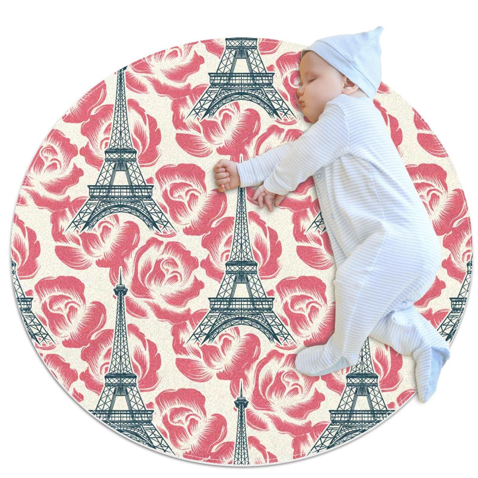 Tapis rond Tour Eiffel 100cm antidérapant en mousse douce pour le salon