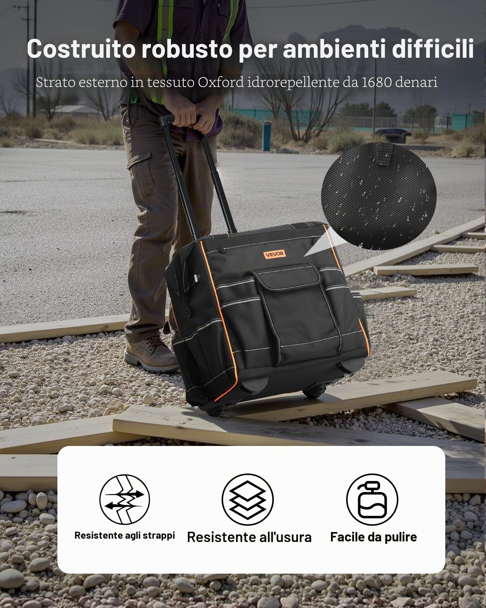 VEVOR Zaino Portautensili con Ruote, Capacità max. 50 kg, Borsa Portautensili con Ruote da 25 Tasche, Maniglia Telescopica Regolabile, 390 x 290 x 420 mm, Organizzatore per Borse per Lavoro