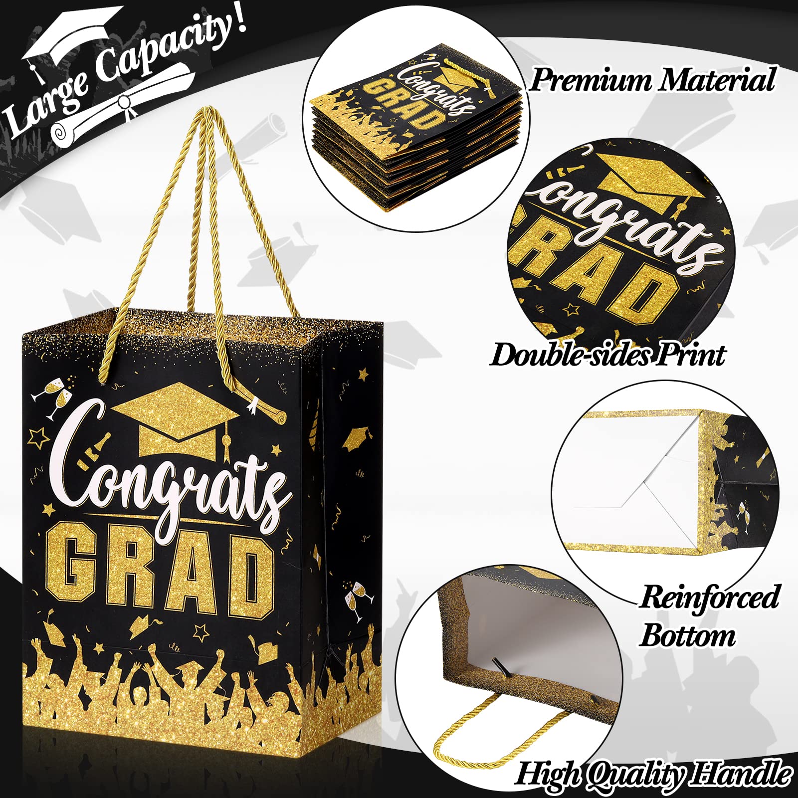 TaoBary 12 Pcs Graduation Gift Bags with Tissue Party Favor Bag Handles Class of 2026 Grad Paper Goodie Bulk for Congrats Supplies(Black Gold)