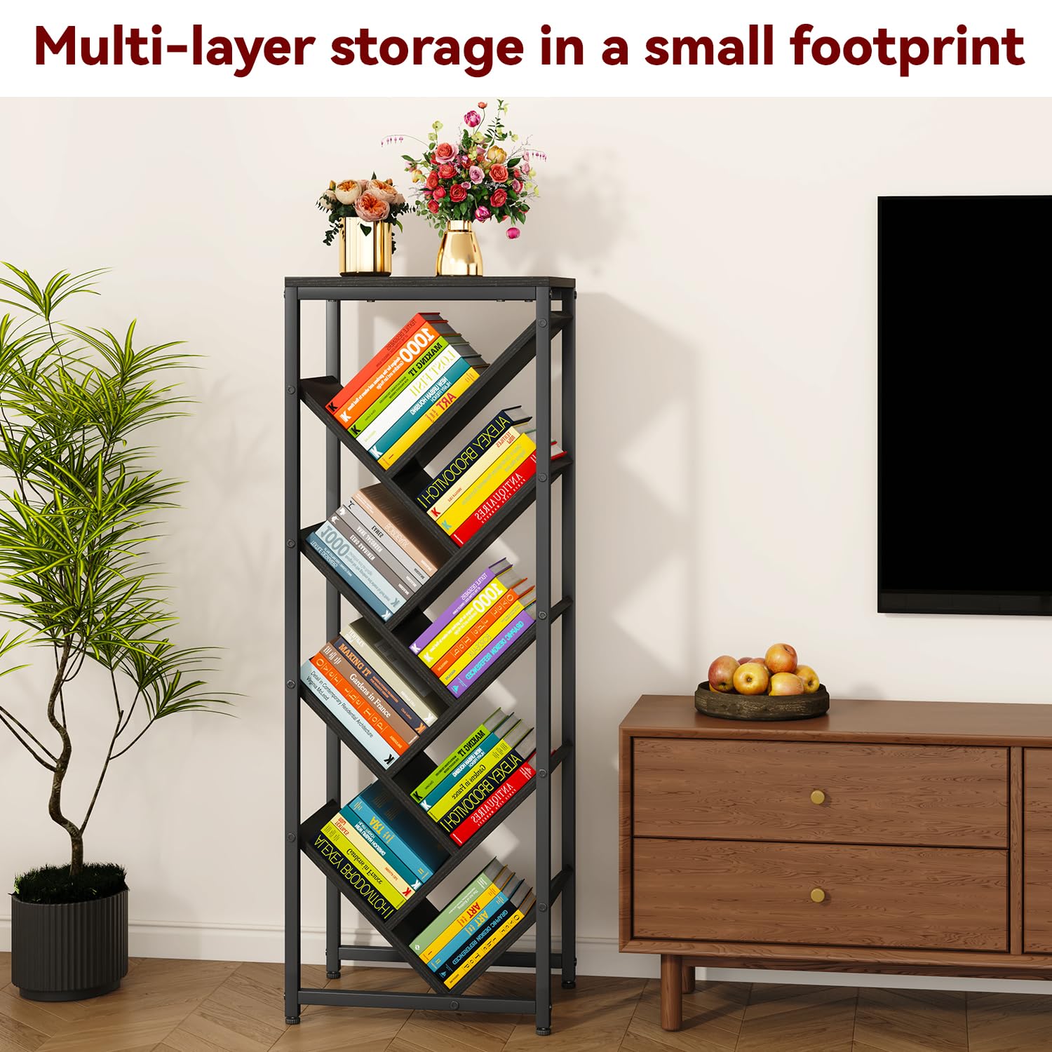 IBUYKE Libreria ad albero a 9 livelli, libreria da pavimento in legno per spazi ristretti, organizer per libri/CD/film, piccola libreria angolare per camera da letto e soggiorno, nero, TBC002B