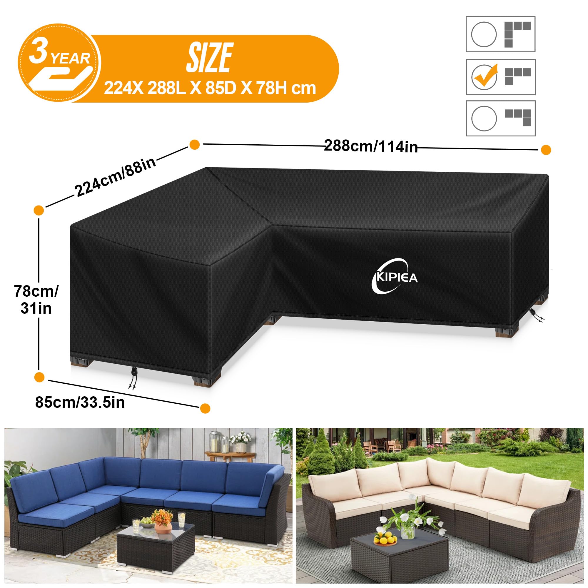 Kipiea Funda para Muebles de Jardín en Forma de L, Fundas Sofá Jardin Exterior Impermeable, 420D Tela Oxford Funda Protectora Sofá Exterior en L, Resistente al Viento, Anti-UV (224x288x85x78/61cm)
