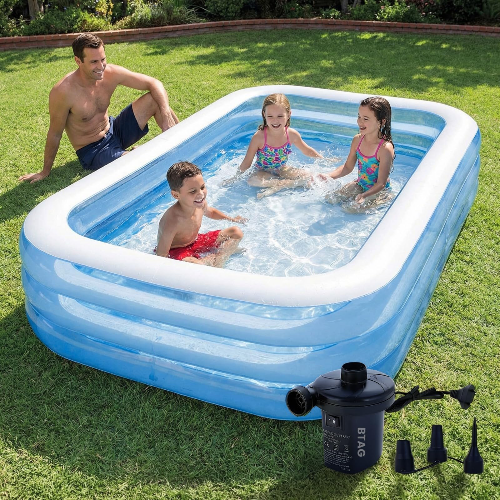 Btag Premium Inflatable Family Swimming Pool for Kids & Adults | Extra-Large 10 Feet 3-Layer Striped Bath Tub with Electric Air Pump, 120×72×22 Inch for Home & Outdoor Use-image-34