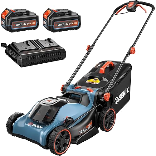 SENIX 40V 17" Electric Lawn Mower, Battery Powered Cordless Lawnmower, 2-in-1 Brushless Walk-Behind Push Mowers, 6 Heights Adjustment, cortadora de pasto, Includes 2x5Ah Batteries & Charger, LPPX2-M5