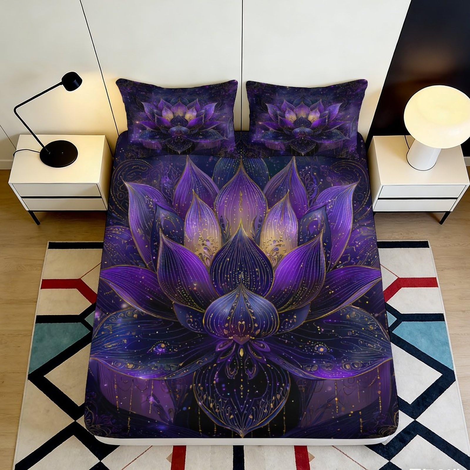 3D Printed Purple Lotus Fitted Sheet Microfiber Soft Breathable Galaxy Bed Sheet with Anti-Slip Mattress Cover for Bedroom Dorm Dormitory Guest Room 140x200x25cm
