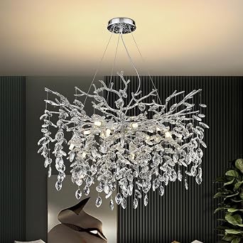 AHXIAOZN Luxury Tree Branch Chandelier Modern Chandelier Crystal Light Large Luxury Crystal Pendant Light Raindrop Light for Dining Room Living Room (Silver 80 cm) [Energy Class D]
