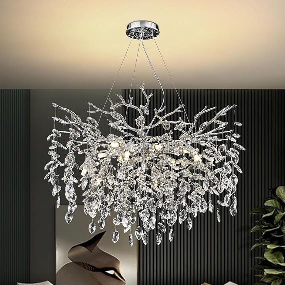 AHXIAOZN Luxury Tree Branch Chandelier Modern Chandelier Crystal Light Large Luxury Crystal Pendant Light Raindrop Light for Dining Room Living Room (Silver 80 cm) [Energy Class D]