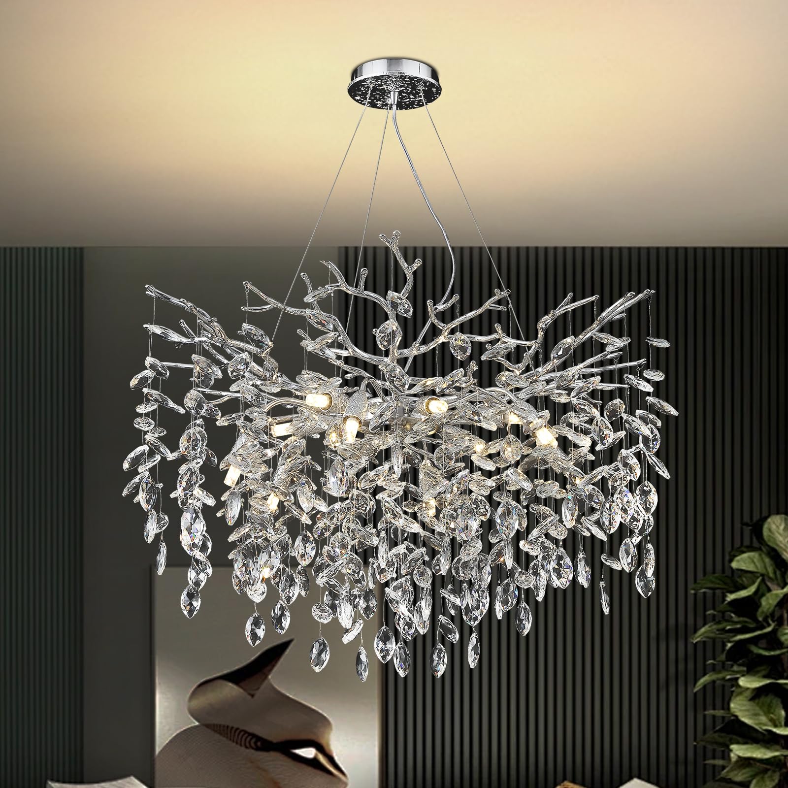 AHXIAOZN Luxury Tree Branch Kronleuchter, Modern Kronleuchter Kristall Leuchte, Große Luxus Kristall Pendelleuchte, Raindrop Leuchte, für Esszimmer, Wohnzimmer (Silber 80cm)