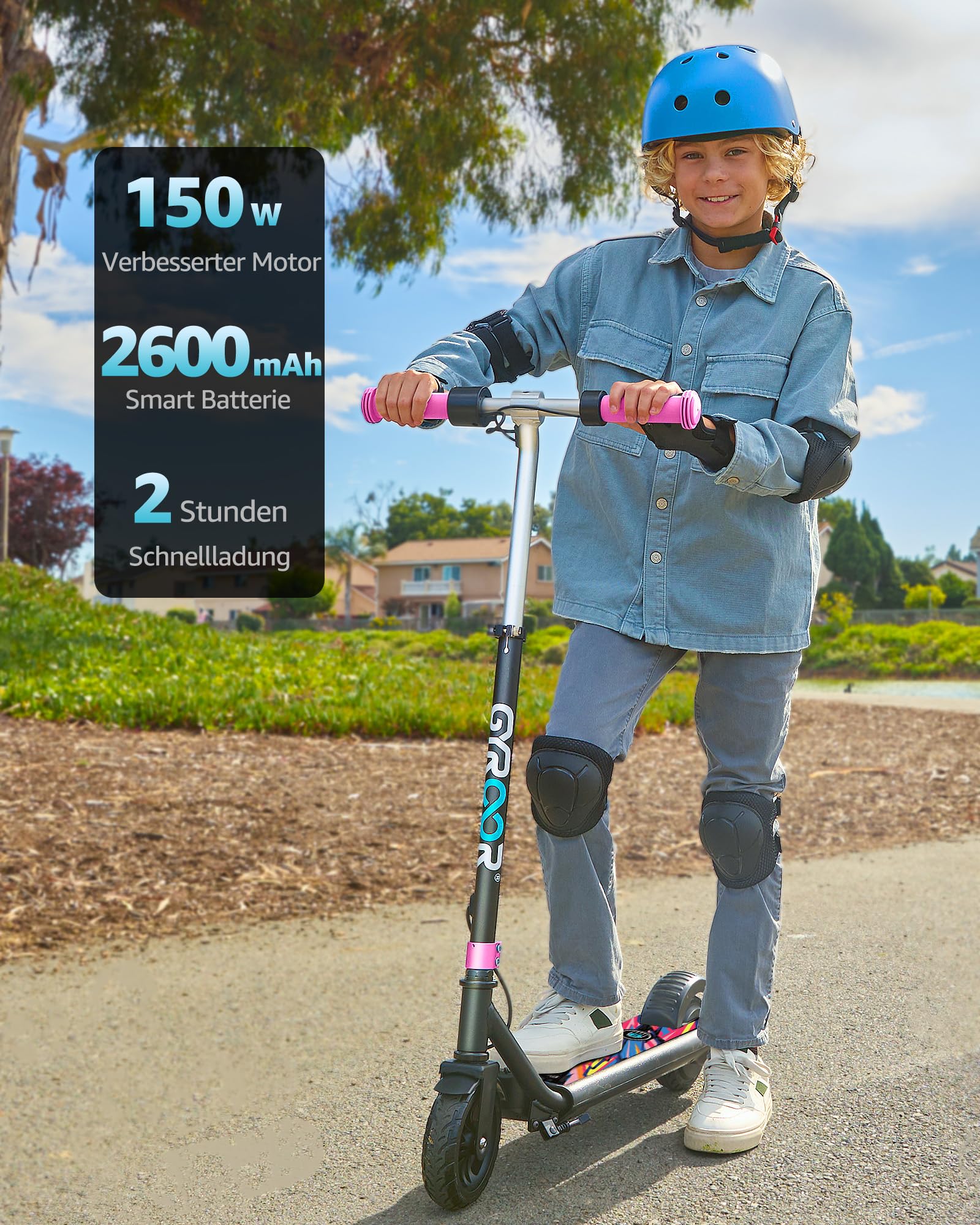 Gyroor Patinete eléctrico para niños de 6 a 12 años, Motor de 150 W, para niños, 10/13/16 km/h, Pantalla Digital LED, música y Scooter para niños, Luces arcoíris, 3 Alturas Ajustables