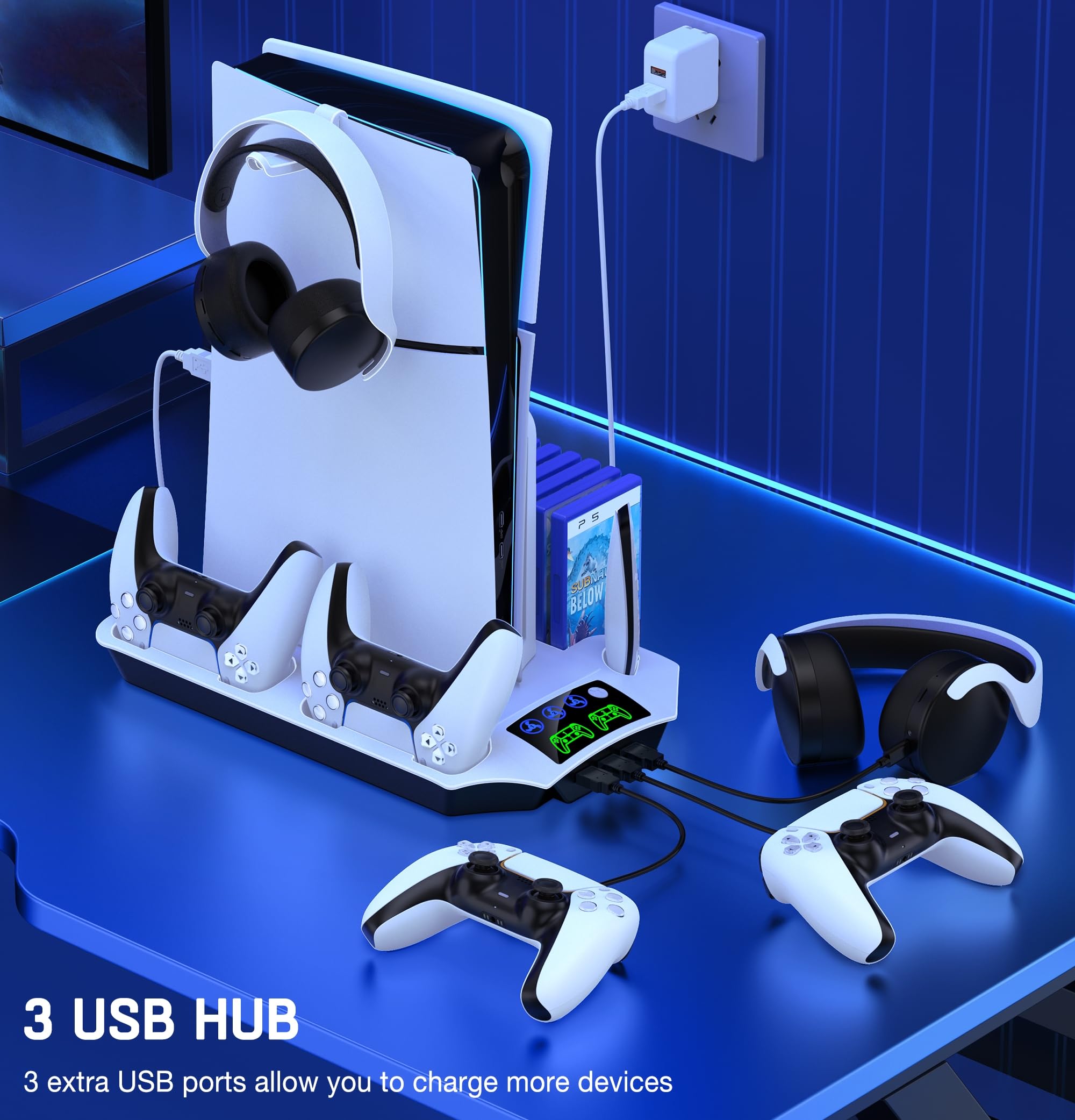 Supporto di raffreddamento per PS5 con caricatore del controller, supporto per PlayStation 5 con ventola di raffreddamento a 3 livelli, accessori PS5 con organizer da 13 giochi, supporto per