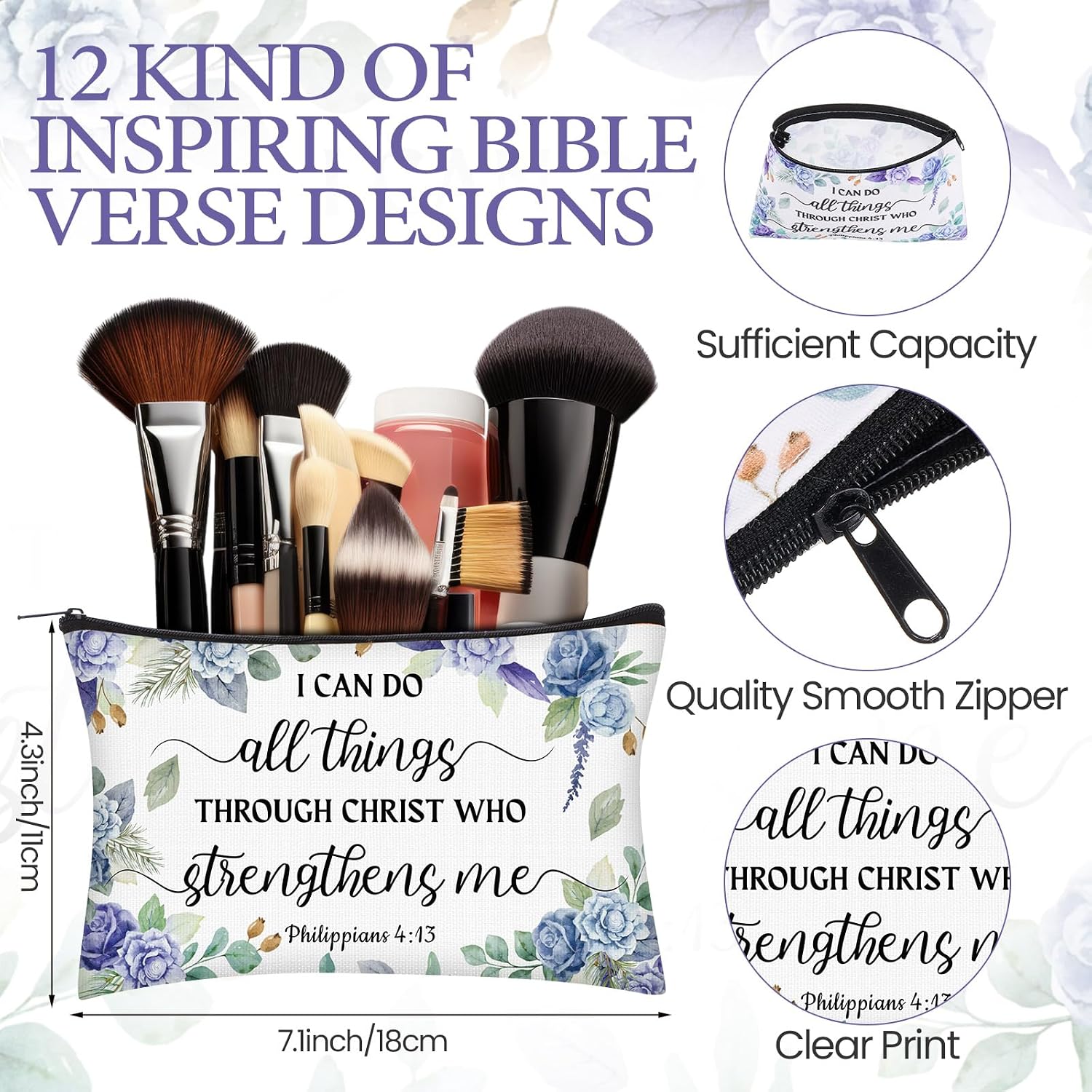 24 Pcs Christian Gifts Bulk for Women 12 Floral Religious Canvas Makeup Bags 12 Bible Verse Compact Mirrors Inspirational Church Party Gifts for Women Mother Sister
