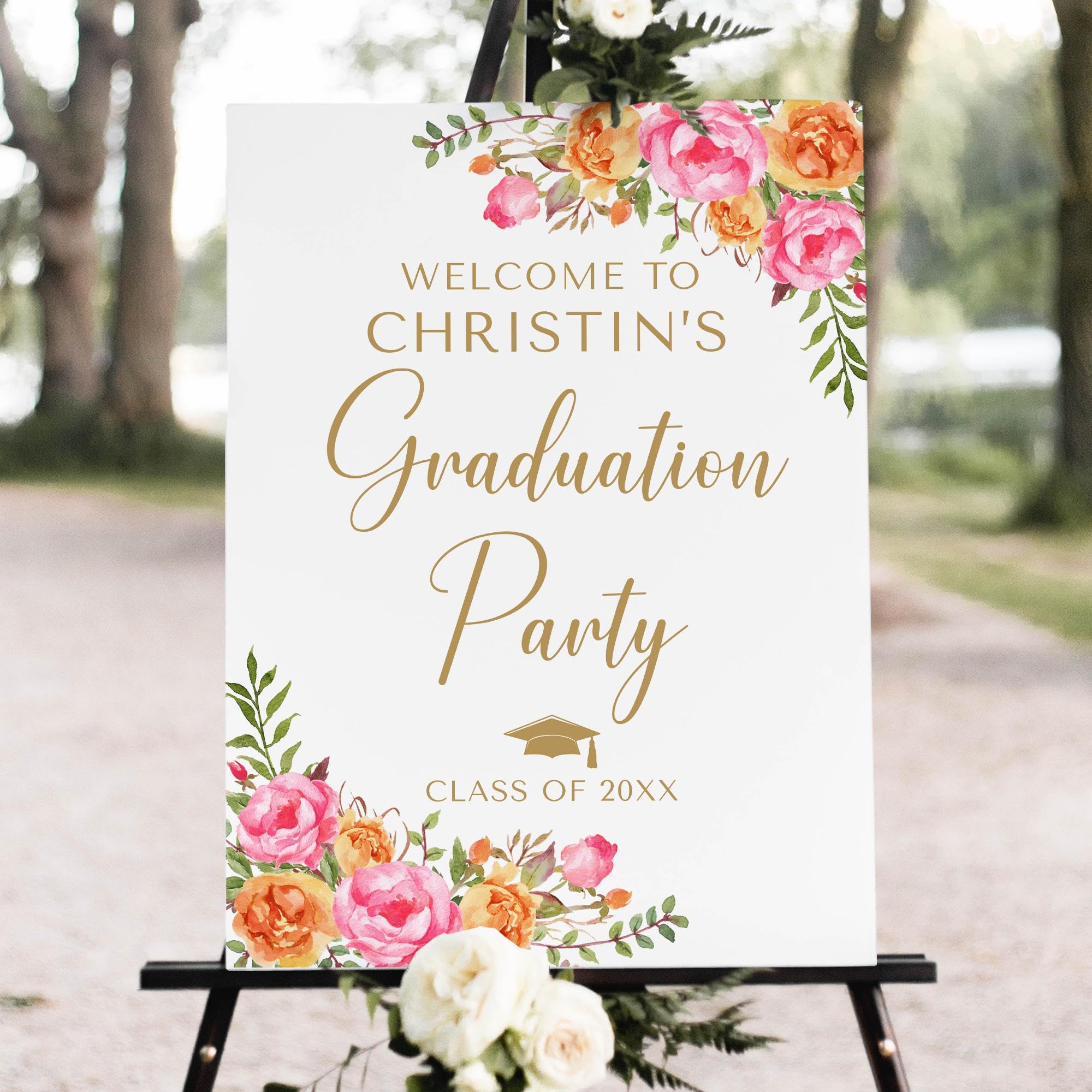 Hot Pink and Orange Floral Graduation Welcome Sign, Flowers Grad Party Welcome Sign, Editable Grad Poster Template, Bright Floral Grad Decoration,