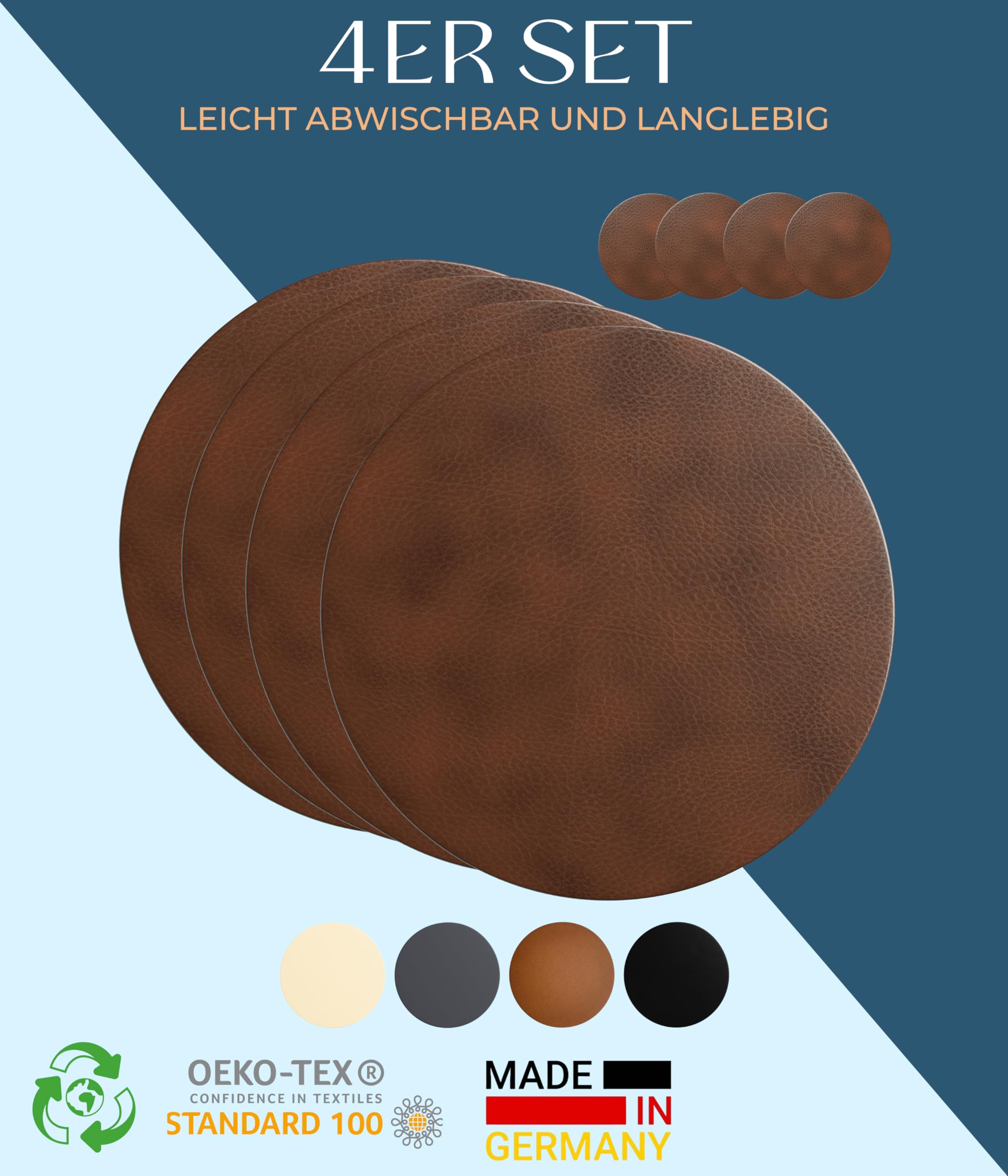 Juego de 4 manteles individuales lavables – Sostenibles, estables y antideslizantes – Cuero reciclado noble fabricado en Alemania (redondo, marrón oscuro)