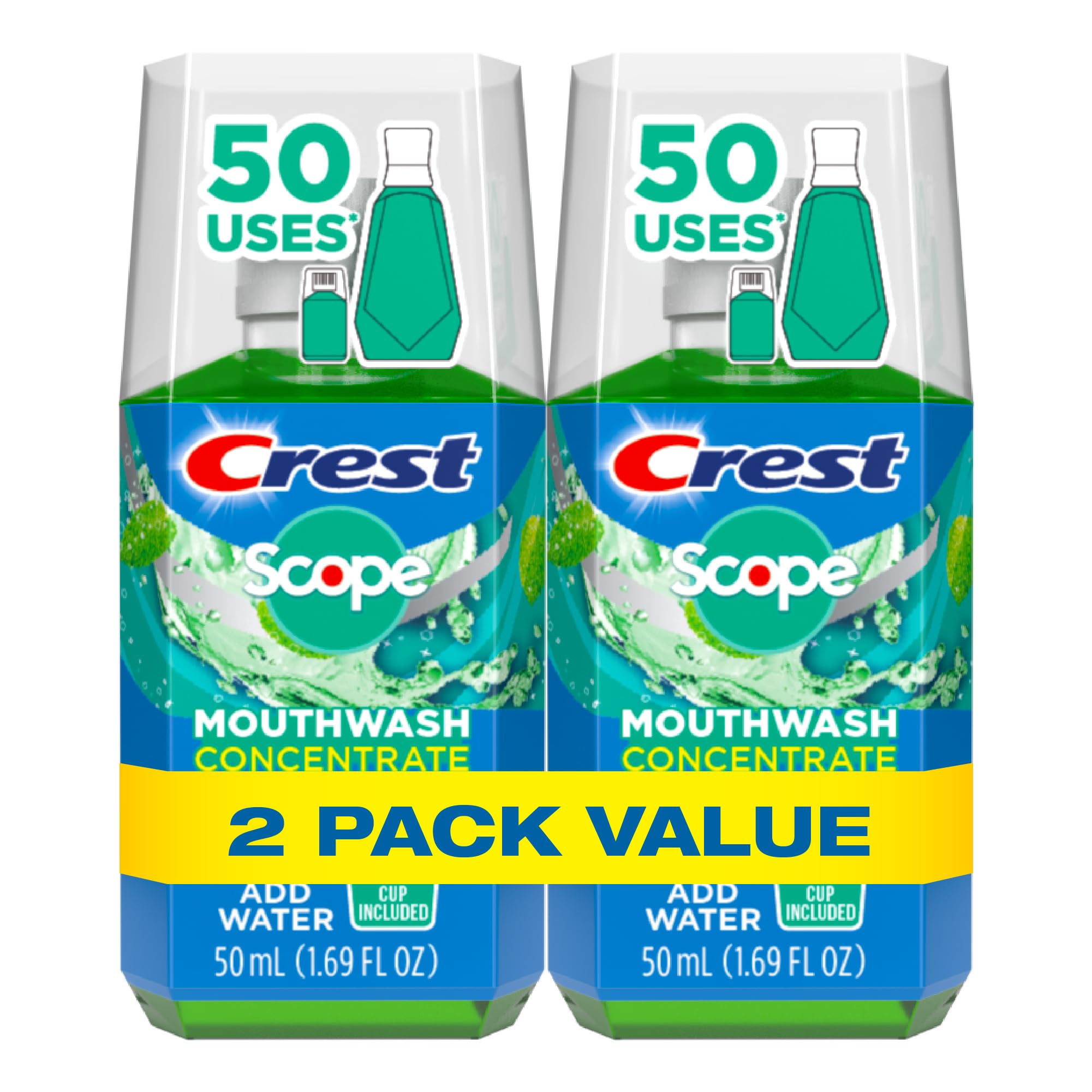 Crest Scope Mouthwash Concentrate, Travel Size Mouthwash, Original Mint Flavor, Helps Freshen Breath, 2 Pack -50 ml Squeeze Bottles