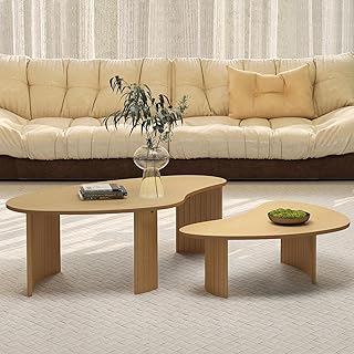 Nesting Coffee Tables Set of 2, Cloud Coffee Tables with Fluted Legs, Ash Veener End Table for Living Room, Natural