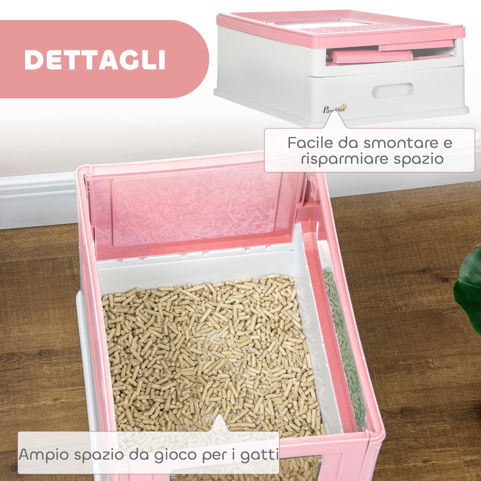 PawHut Lettiera per Gatti Chiusa in PP con Paletta Inclusa, Design Pieghevole, Cassetta Igienica per Gatto con Vassoio Estraibile e 2 Porte, 47.5x35.5x36.7 cm, Rosa e Bianco