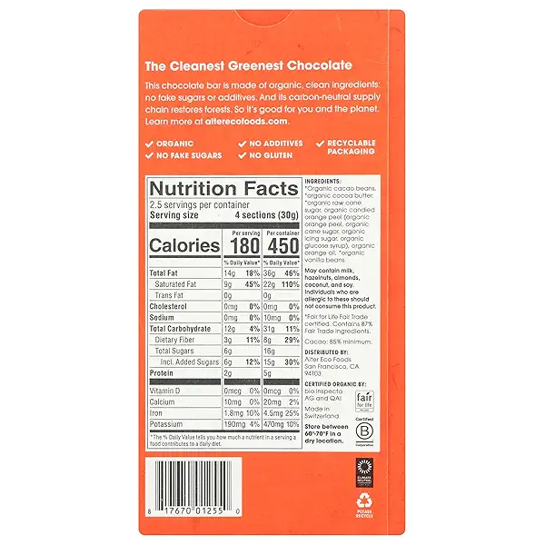 Alter Eco Organic Orange Blackout 85% Dark Chocolate Bar, 2.65 OZ 2