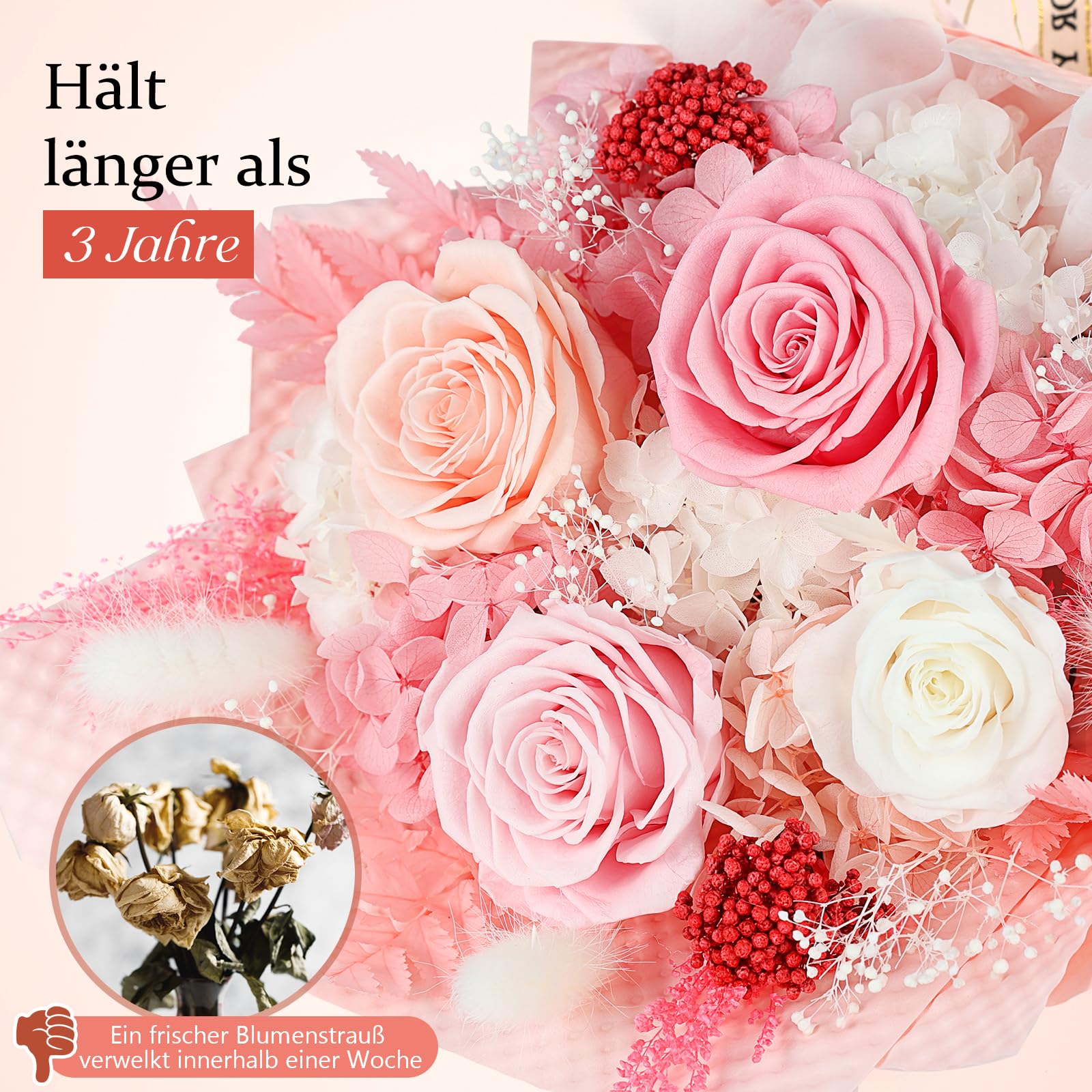 Ewige Rosen Blume Strauß mit Vase-Rosa, Infinity Konservierte Echt Flower, Rosestrauß in Geschenkbox, Geschenk für Sie Frauen Freundin Mama Oma zum Valentinstag Jahrestag Geburtstag Muttertag