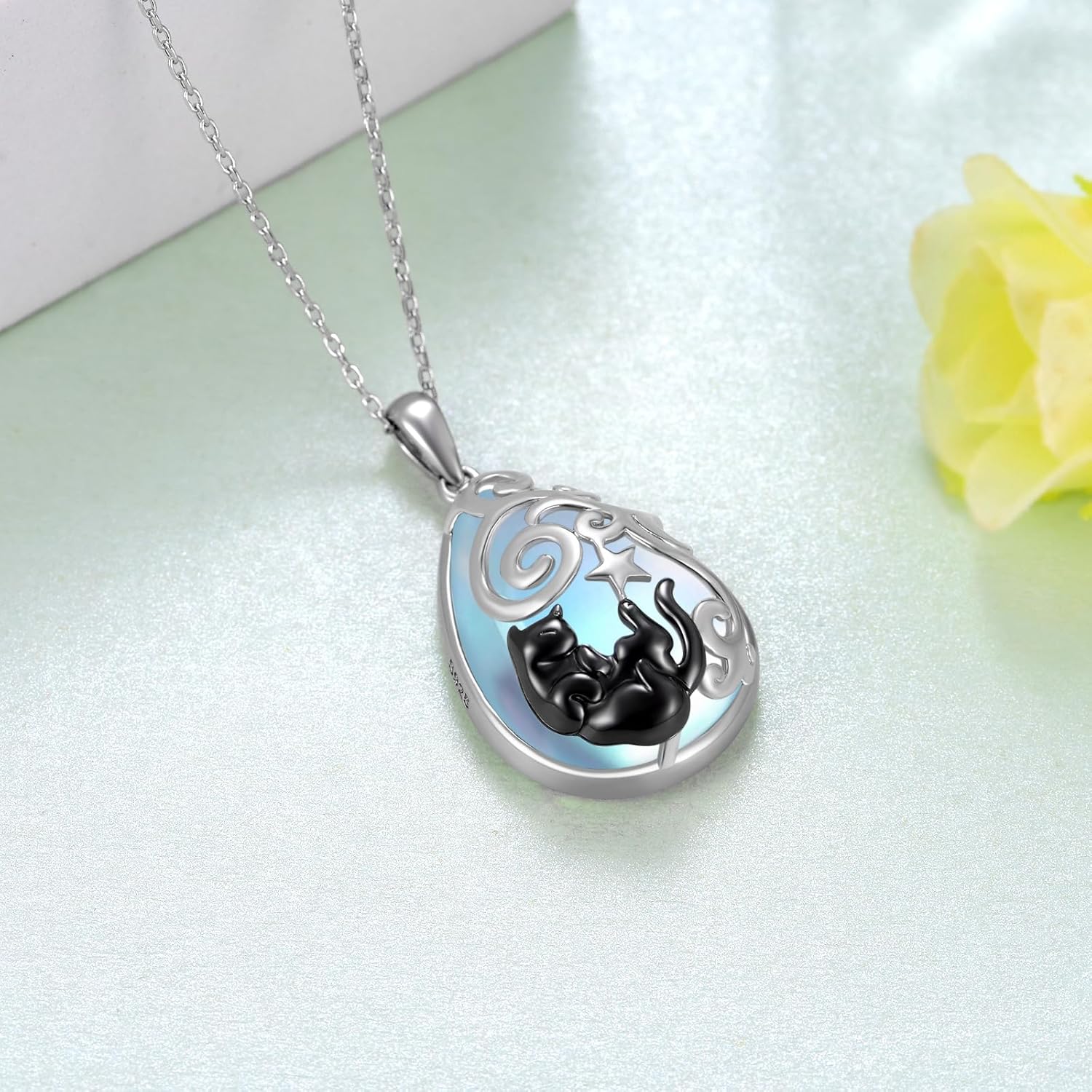 Black Cat Necklace 925 Sterling Silver Moonstone Black Cat Necklace Moonstone Cat Jewelry Gifts for Women - Image 3