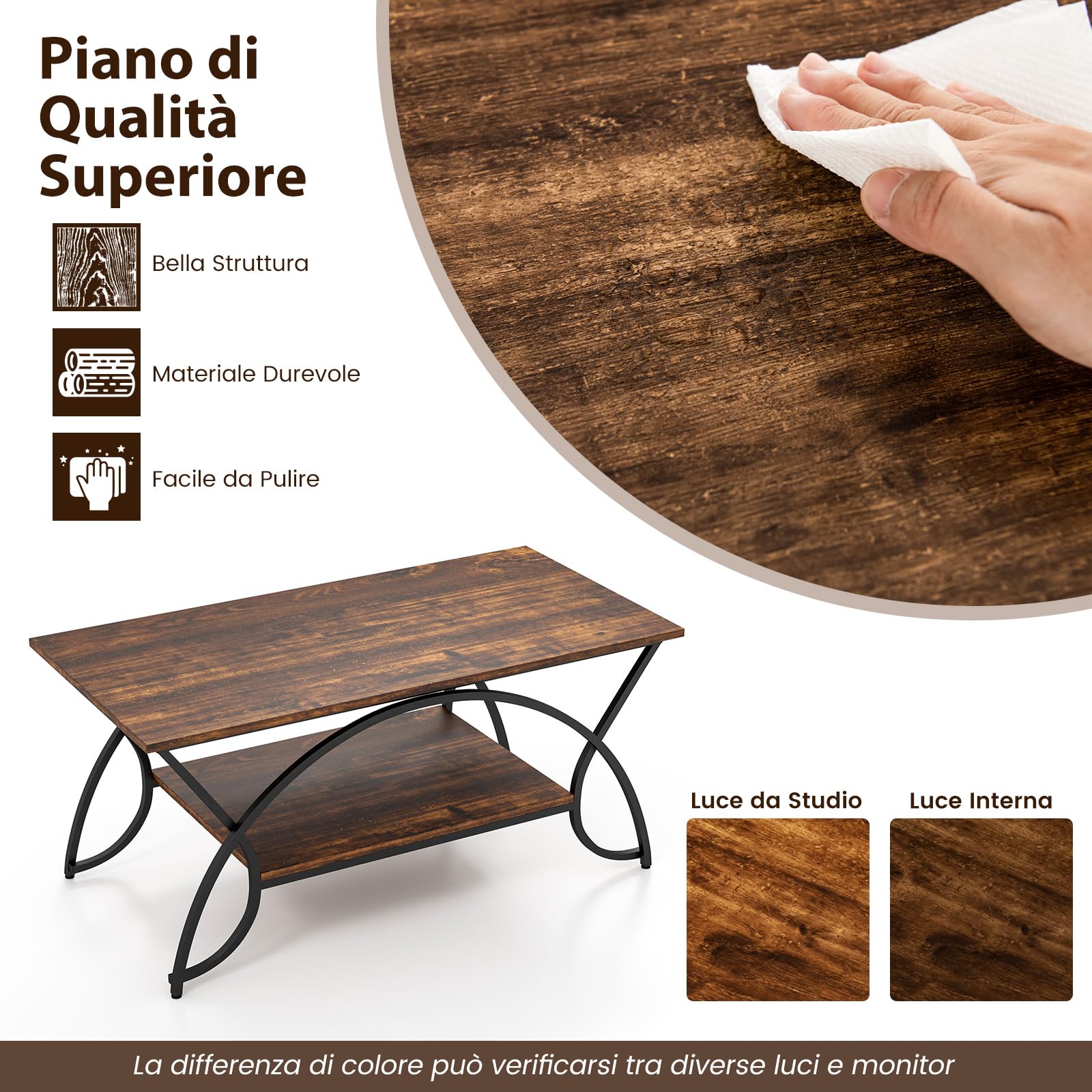 COSTWAY Tavolino da Caffè da Salotto, Tavolino Rettangolare a 2 Livelli con Struttura in Metallo, Tavolino Elegante e Moderno per Studio, Ufficio e Soggiorno, 100 x 50 x 45 cm (marrone e nero)