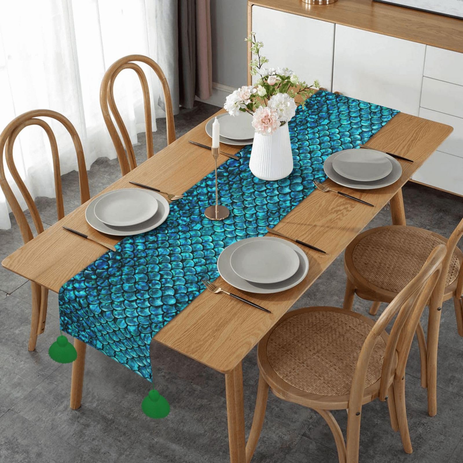 Chemin de table écailles de poisson pour mariage bohème et table de ferme