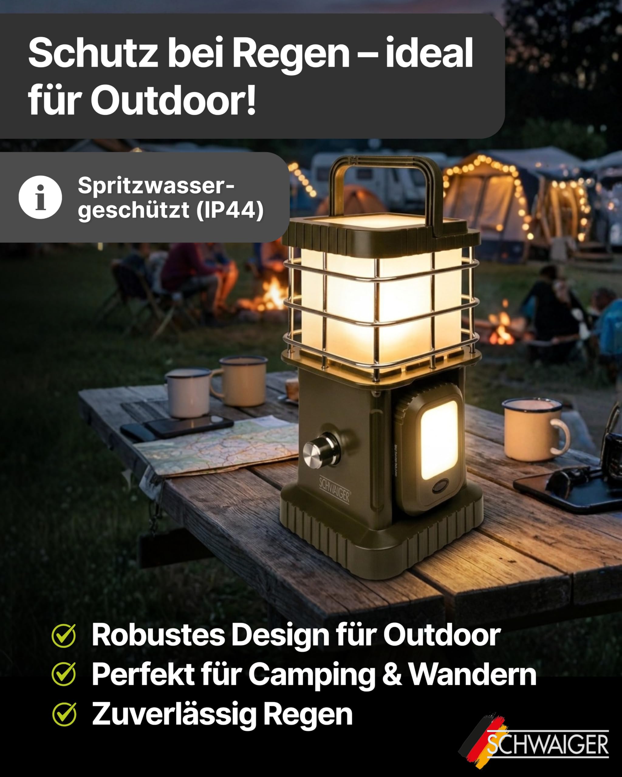 SCHWAIGER LED Campingleuchte mit Bluetooth Lautsprecher I Campinglampe mit 2 Zusatzleuchten & Powerbank-Funktion I dimmbares Campinglicht 400 lm I multifunktionale Outdoor Lampe