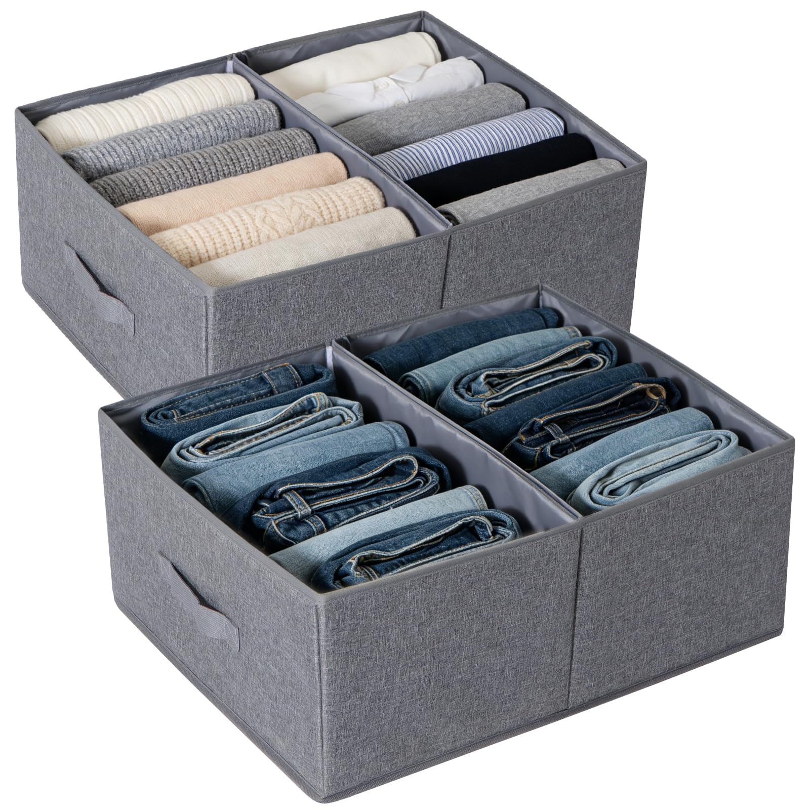 LAJIAKE Wardrobe Storage Organiser Boxes Set of 2 (50x40x20cm) – Large Clothes Storage Boxes with Removable Divider, Foldable Fabric Storage Bins for Clothes, Bedding & Blankets