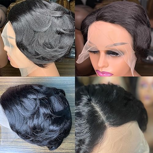 Miniatura 3 de ONICA Pelucas de cabello humano con corte Pixie para mujeres negras, peluca de 6 pulgadas lacia estilo Bob de 13 x 4 x 1 pulgadas, parte lateral,