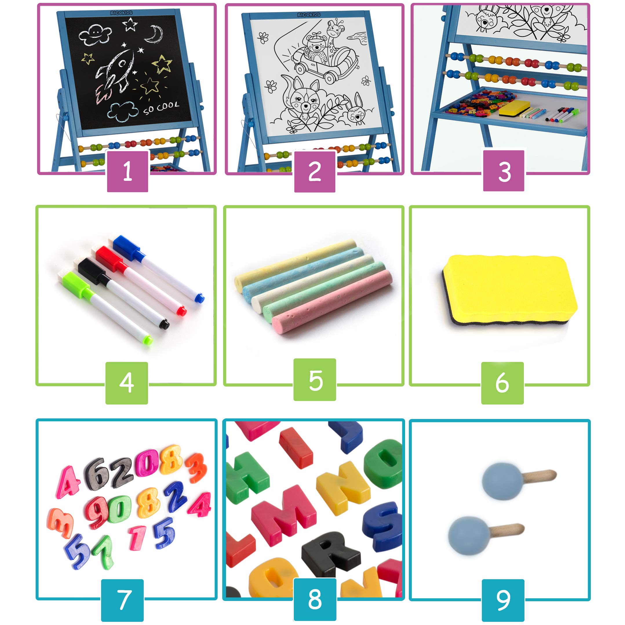 Tableau de jeu pour enfants - Tableau blanc magnétique et tableau à craie - Chevalet en bois Ricokids (bleu)