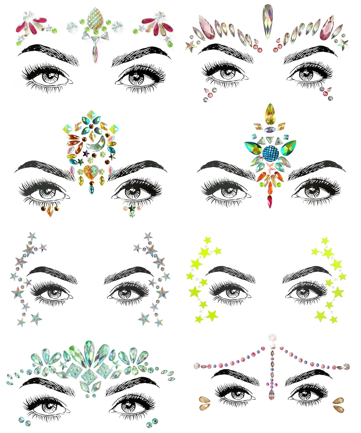 Musical Ruby Face Jewels - Rave Crystal Gems, Glitter Party Tattoos (8 Pcs)