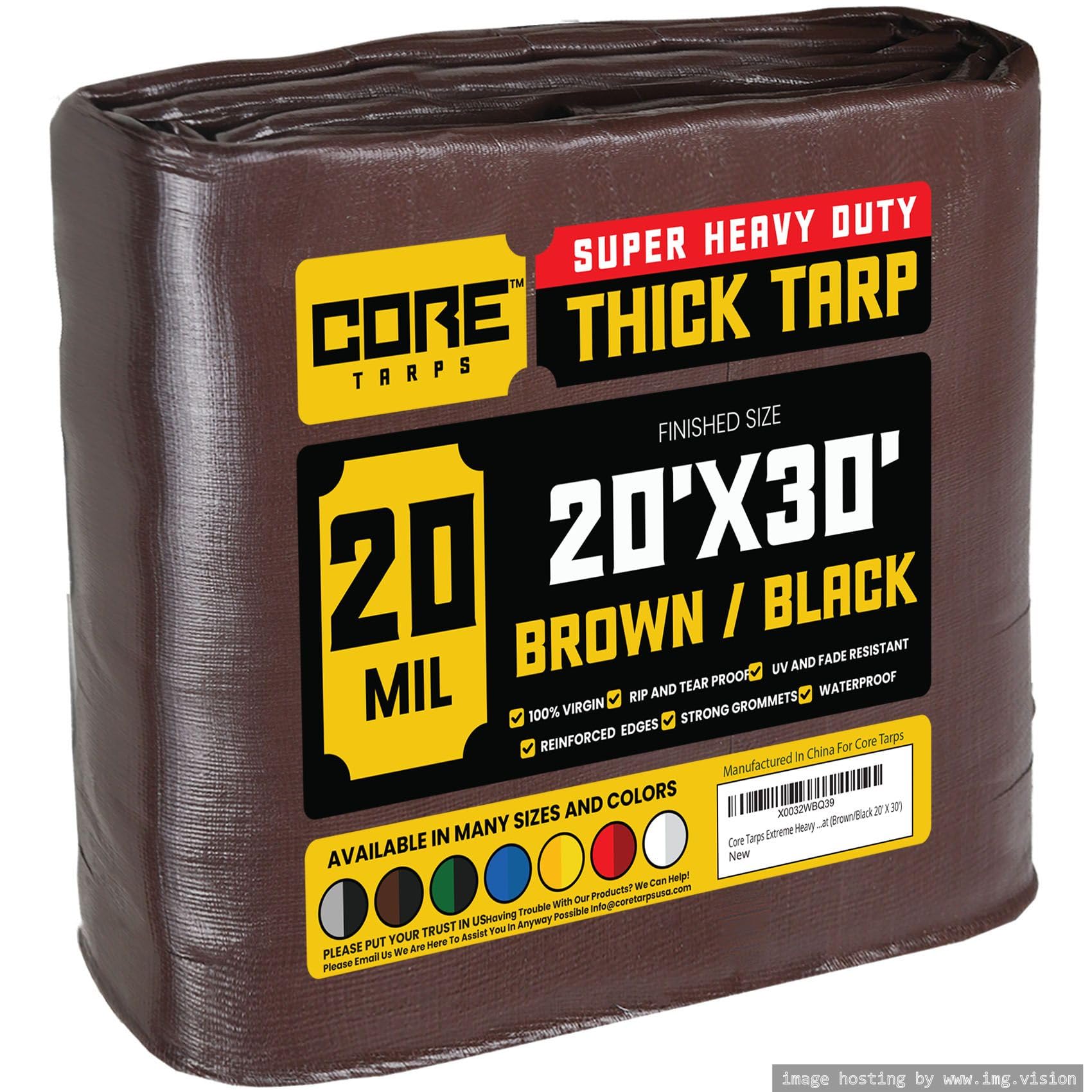 Core Tarps Extreme Heavy Duty 20 Mil Tarp Cover, Waterproof, UV Resistant, Rip and Tear Proof, Poly Tarpaulin with Reinforced Edges for Roof, Patio, Pool, Boat (Brown/Black 20′ X 30′)