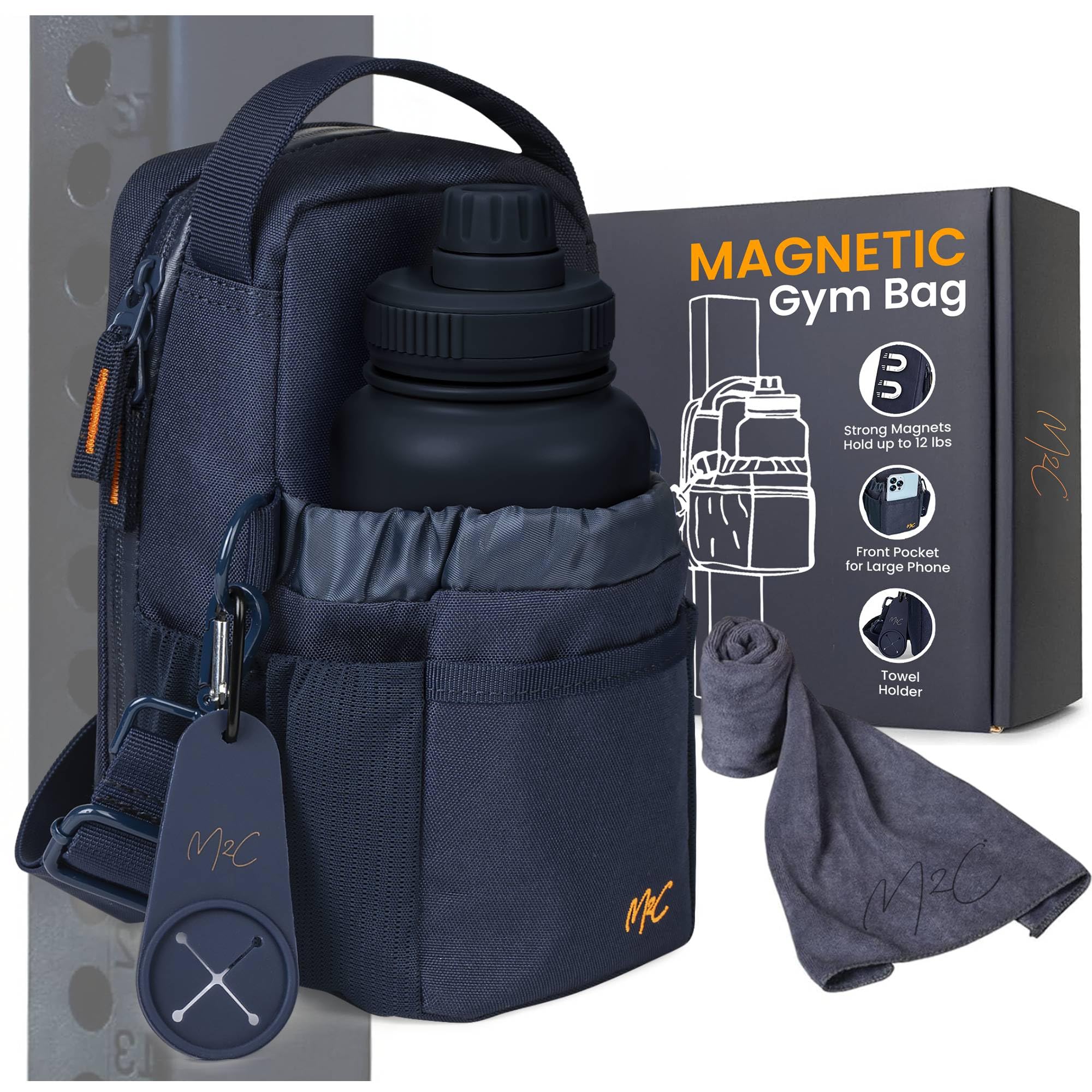M2C® Borsa Magnetica Palestra - la tua compagna ideale per lo sport! Piccola sacca da palestra per uomo e donna con potenti magneti, bottiglia d'acqua e supporto per telefono e clip per chiavi