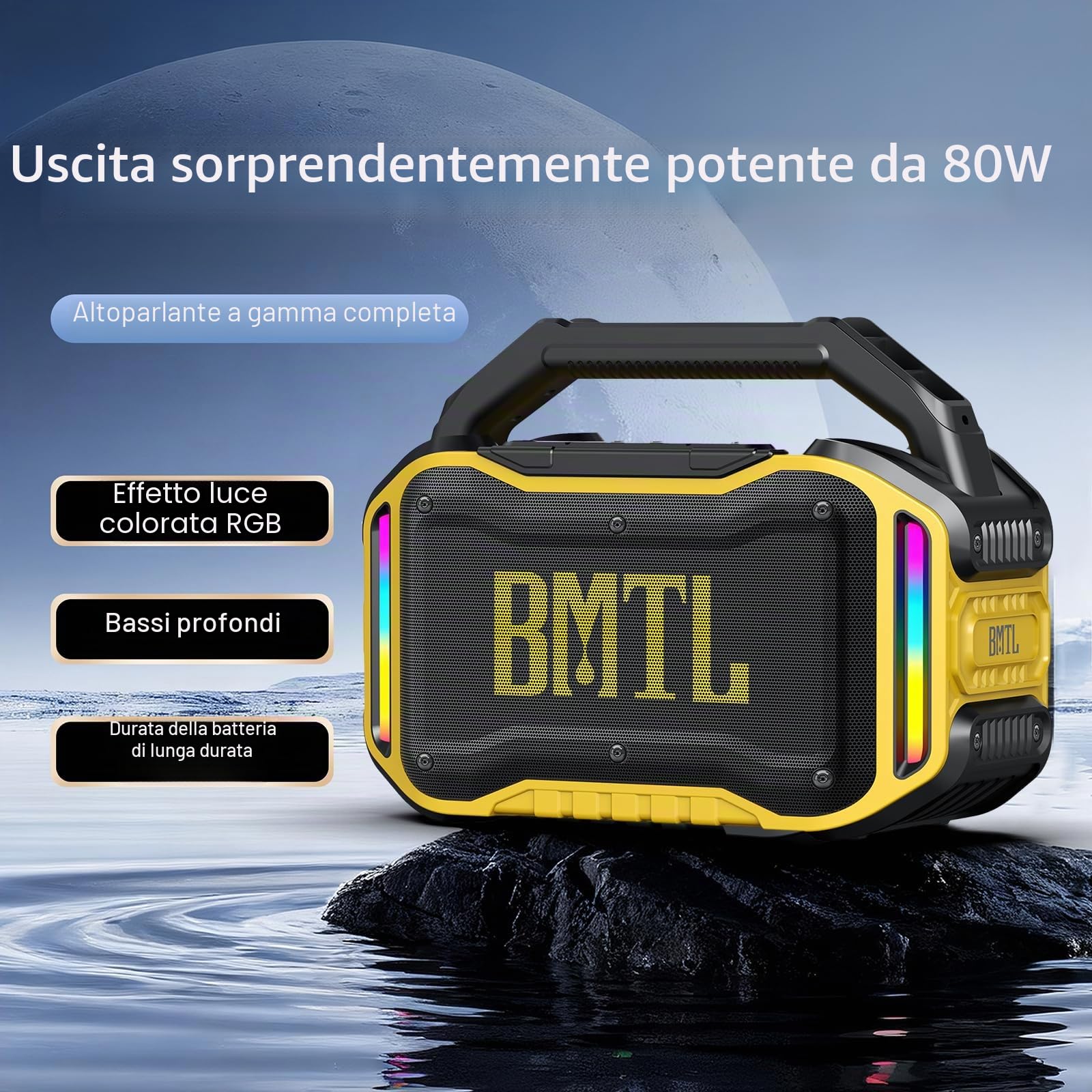 Xdobo BMTL Job Altoparlante Bluetooth 80W Portatile Senza Fili con Bassi Profondi, Altoparlante Robusto per Esterni, Ricarica Tipo-C, Ingresso Mic USB/AUX/6,5 mm, Autonomia 10-20 Ore (Giallo)