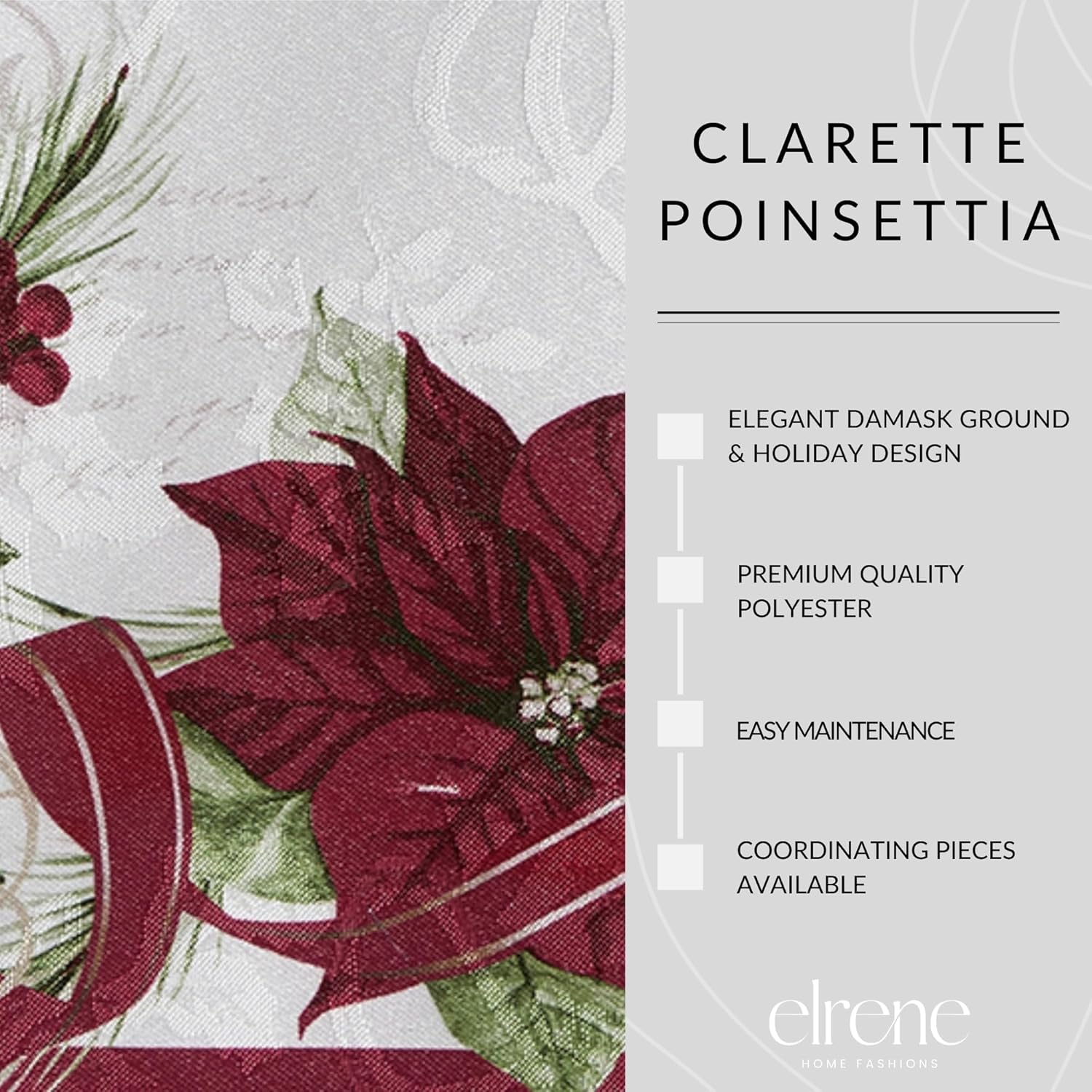 Elrene Home Fashions Clarette Poinsettia Festive Seasonal Holiday/Christmas Fabric Centerpiece or Dining Table Runner, 14"x70"