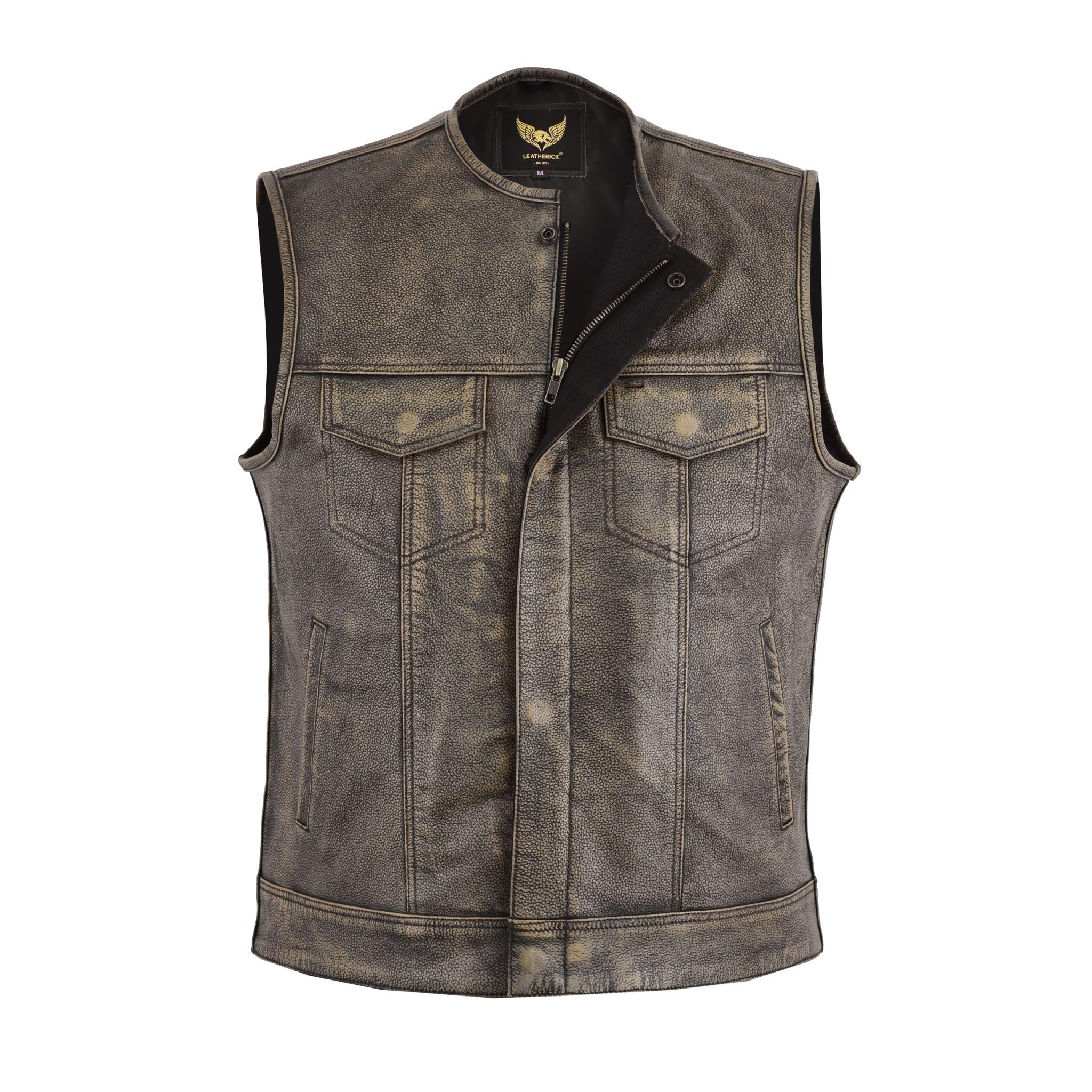Leatherick Gilet de motard à grain supérieur pour hommes en détresse sans col marron pour l'équitation et la mode coupe de style